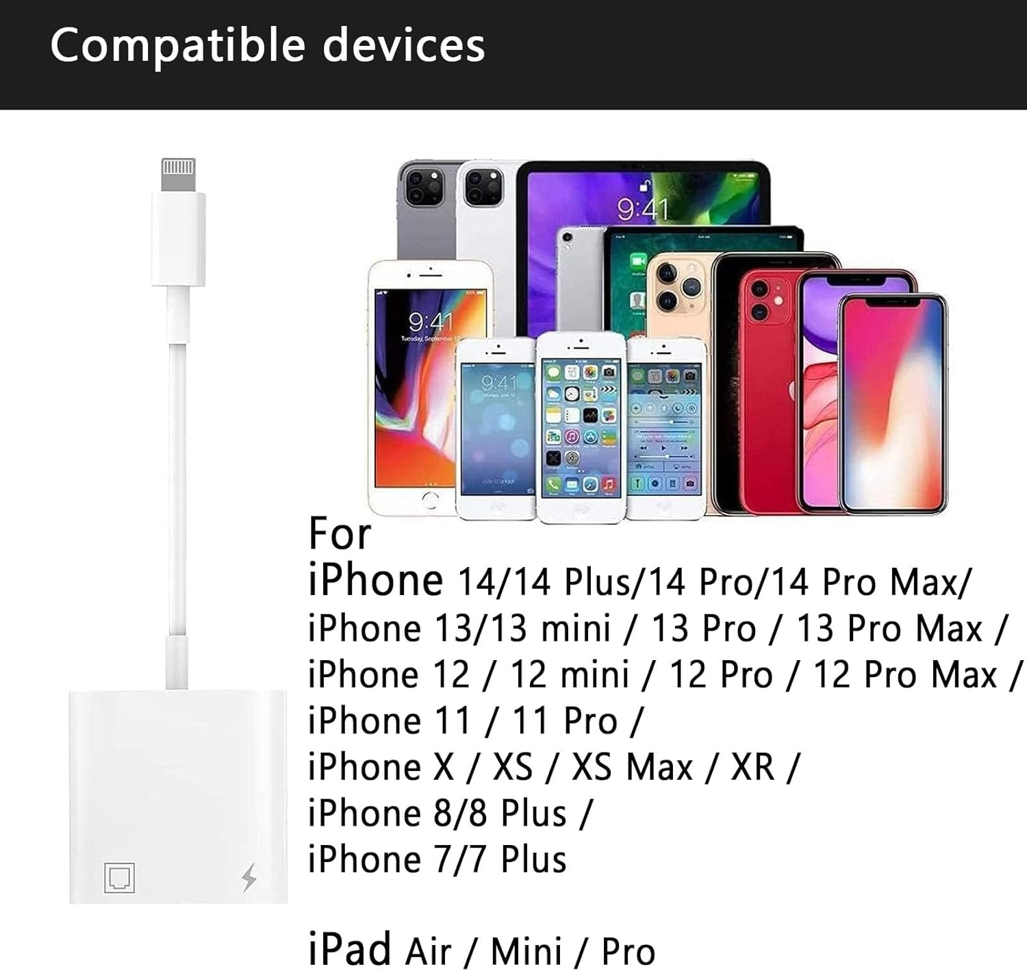 Lightning to Ethernet Adapter, for Apple Mfi Certified 2 in 1 RJ45 Ethernet LAN Network Adapter for Iphone/Ipad/Ipod, Supports 100Mbps Ethernet Network with Charge Port image number 1