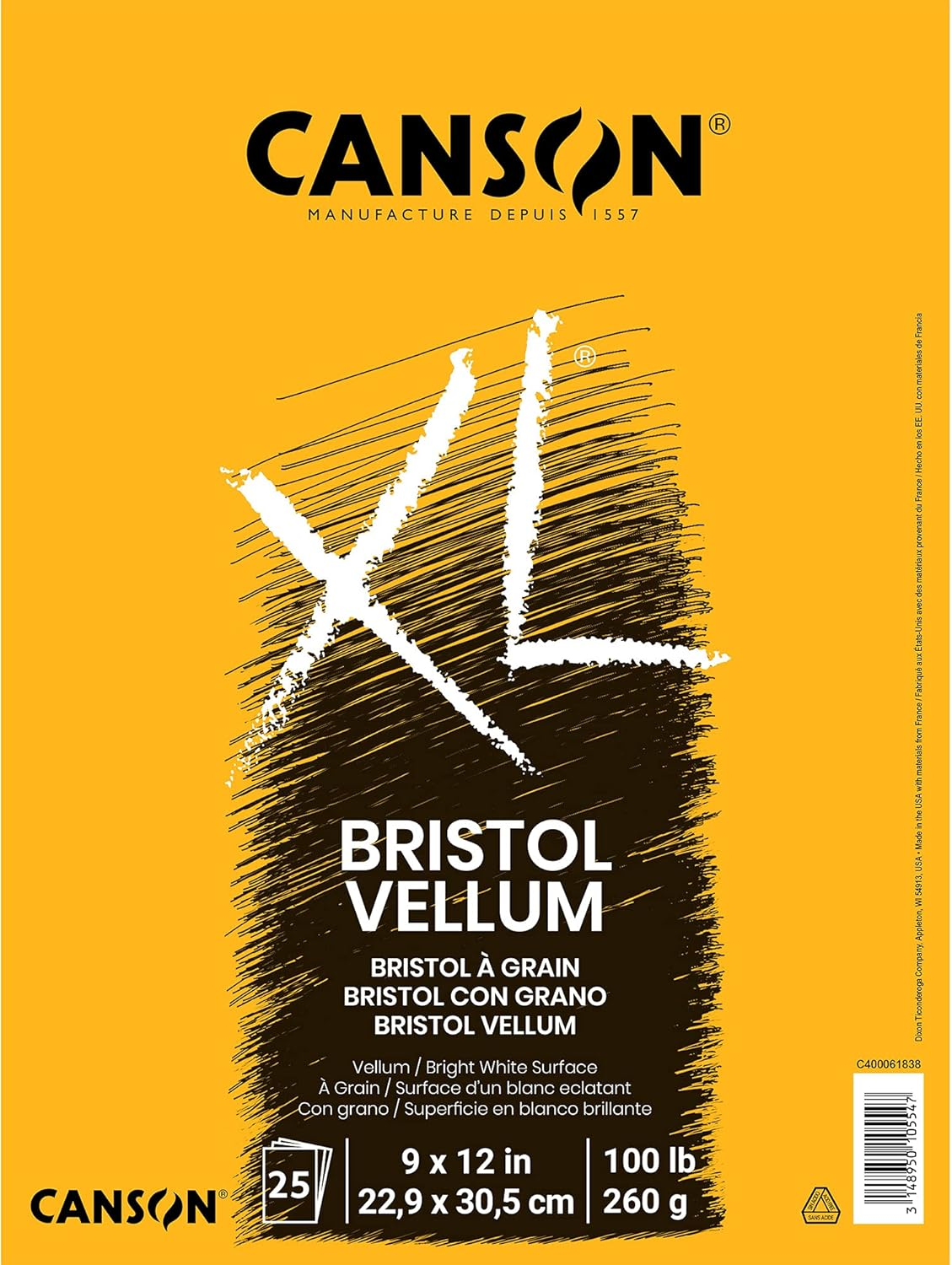 Canson XL Series Bristol Paper, Vellum, Foldover Pad, 11X14 Inches, 25 Sheets (100Lb/260G) - Artist Paper for Adults and Students - Charcoal, Pen and Ink, Marker, and Pastel