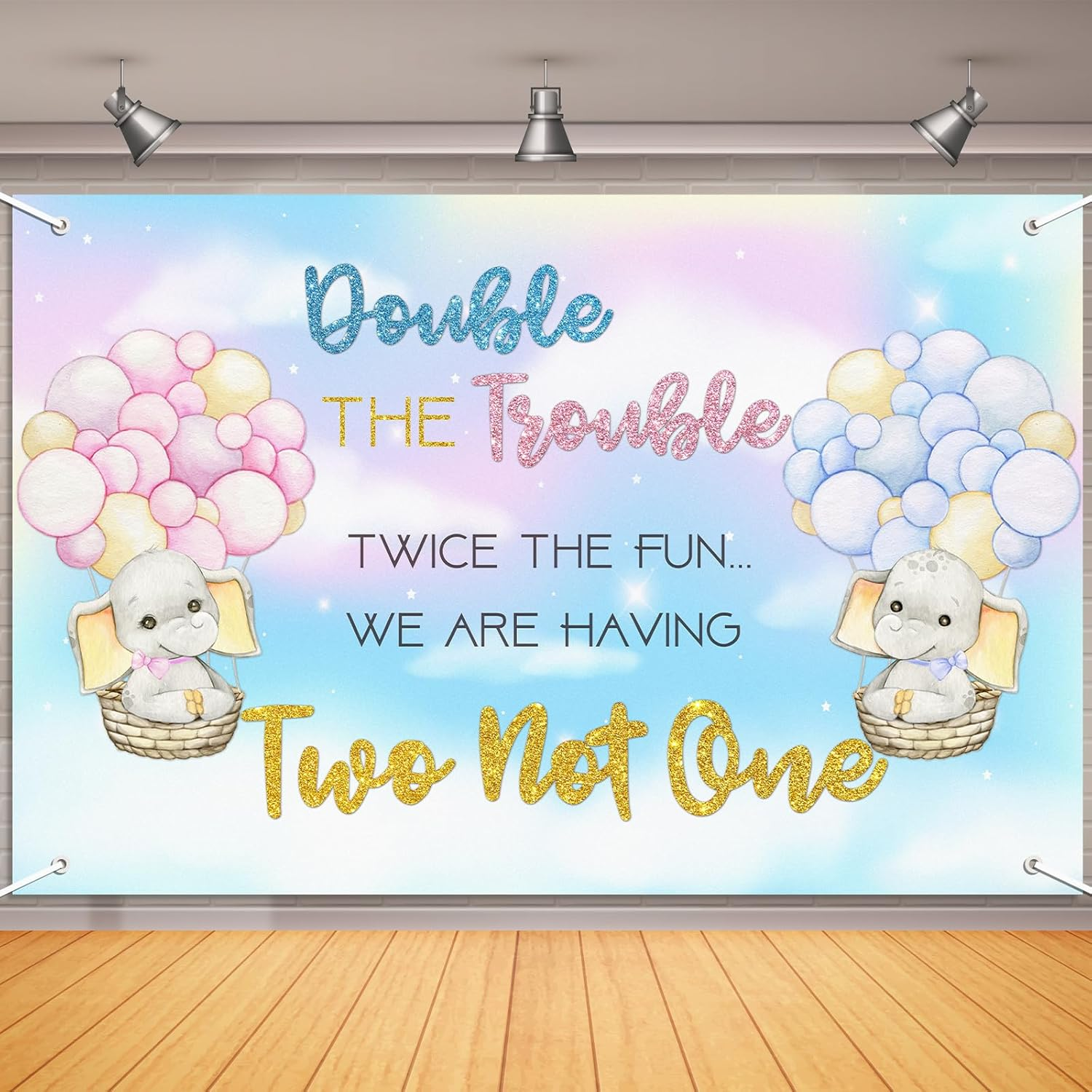 Talorine Twins Baby Shower Decorations Backdrop 6X4Ft Elephant Pink Blue Gender Reveal Party Decorations for Twins Double the Trouble Twice the Fun We Are Having Two Not One Party Supplies image number 1
