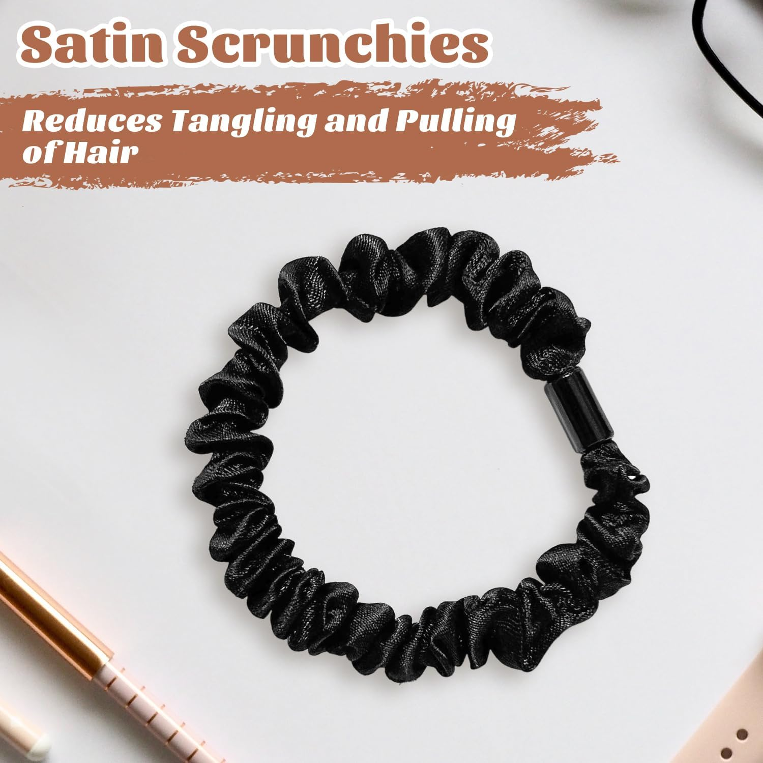 12 Pcs Satin Scrunchies | Satin Hair Ties | Elastic Hair Bands | Hair Bobbles | Hair Scrunchies for Women | Hair Ties No Damage | Black Hair Bands | Bobbles for Thick Hair image number 4