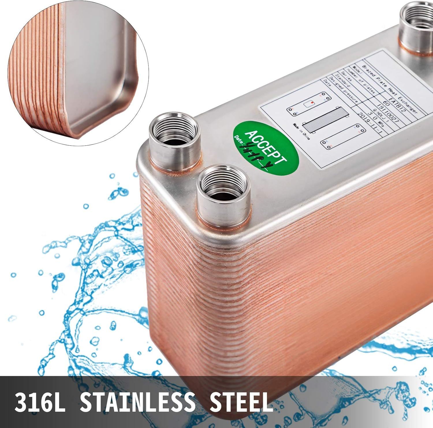 Bestequip Plate Heat Exchanger Stainless Steel B12-60, Heat Exchanger 60, Plate Heat Exchanger 3.0 Mpa, Heat Exchanger Heating image number 4