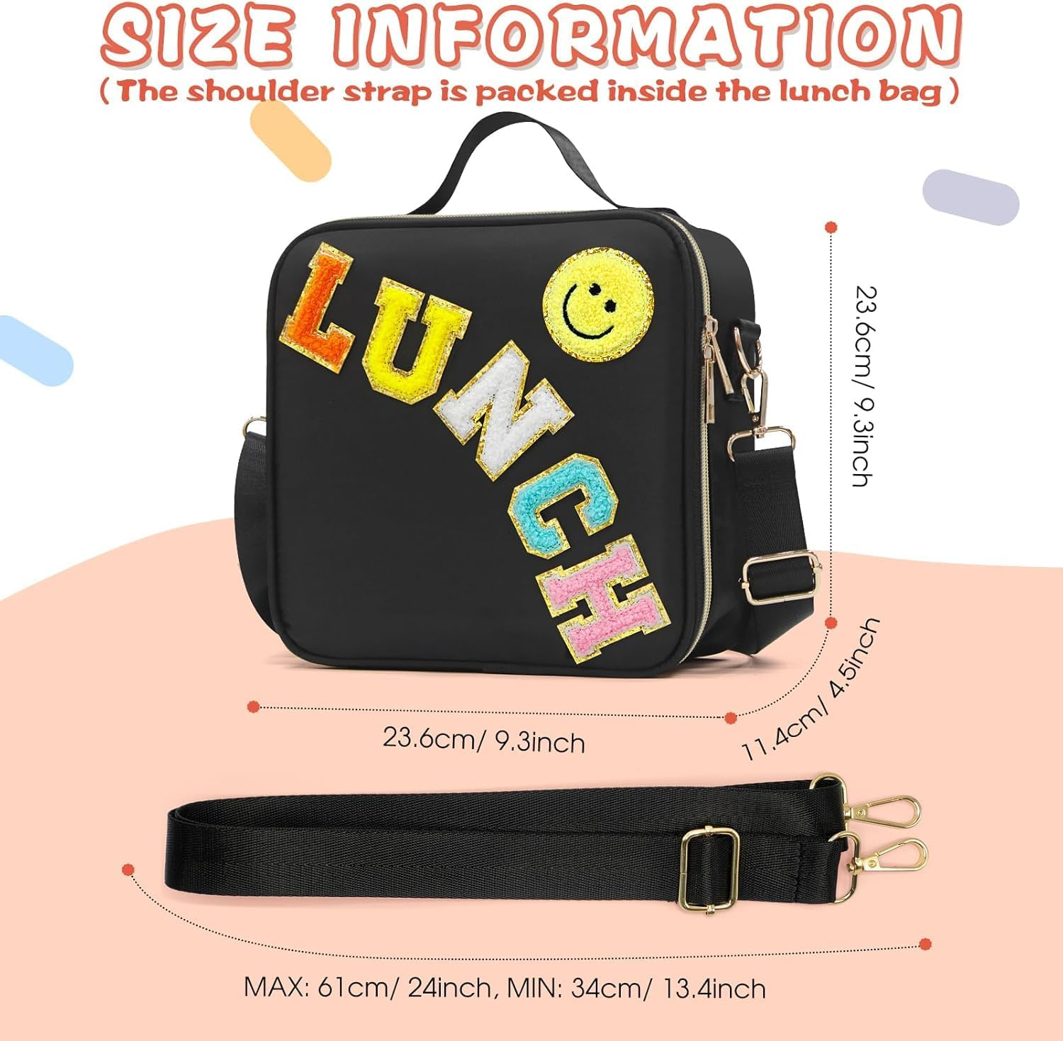 Insulated Lunch Bag Women Lunch Box Kids for Teen Girls Boys, Cute Preppy Lunch Boxes with Adjustable Shoulder Strap, Waterproof Nylon Lunchbox Lunch Bags for School Work Picnic image number 2