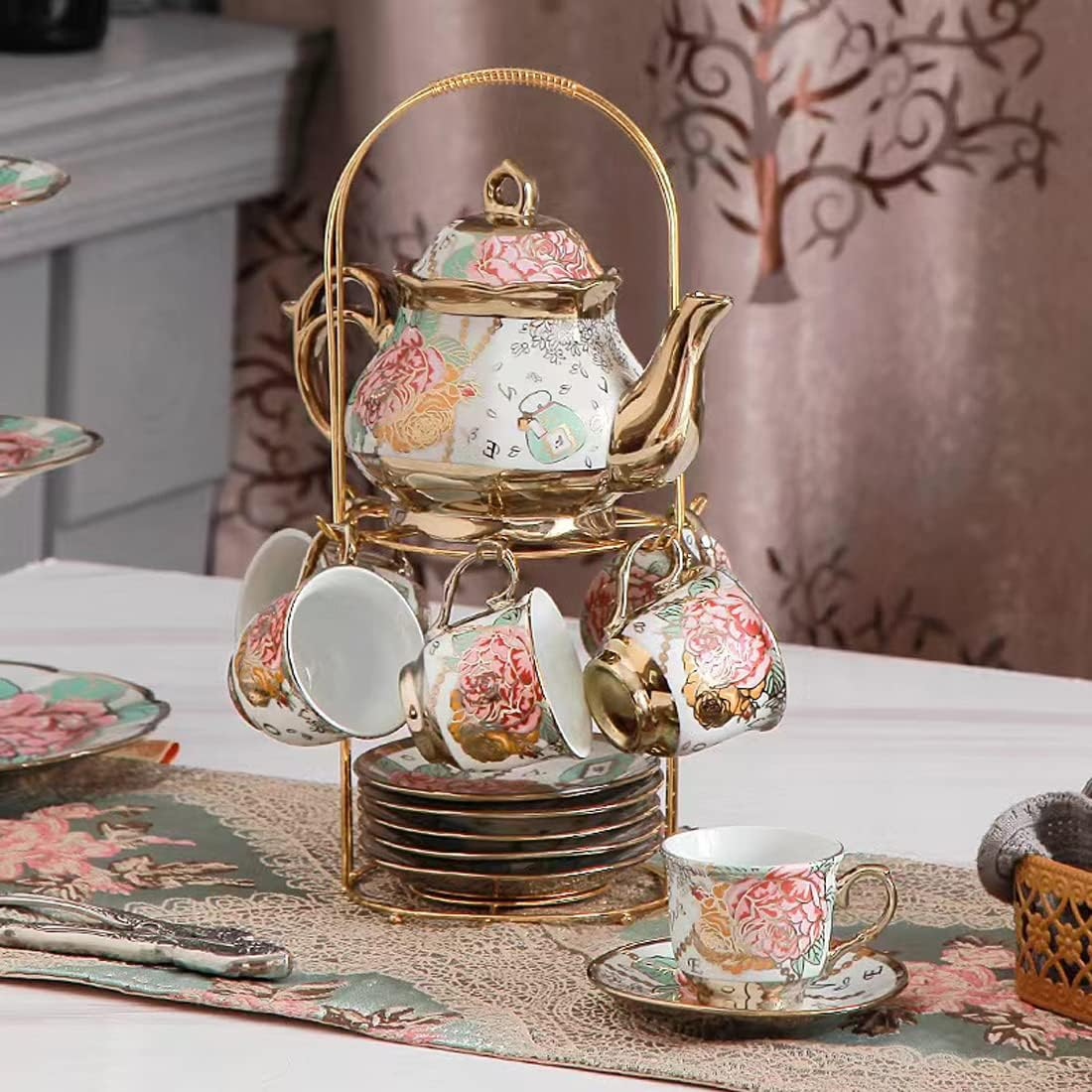 CHANJOON Gold Plated Red Rose Ceramic Tea Set, Vintage Tea Set with Teapot, Beautiful Tea Set Coffee Serving 6 People (Gilded Rose) image number 3