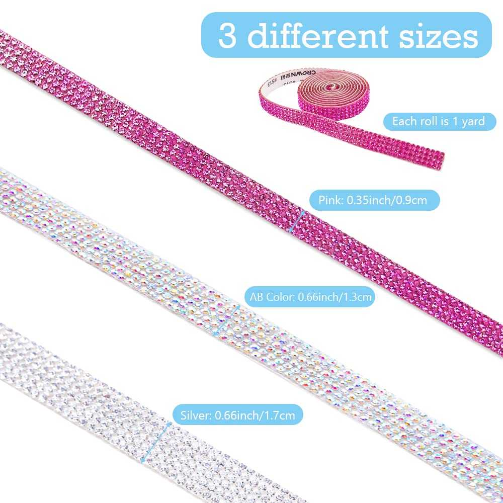 AFUNTA 3 Rolls Rhinestone Ribbon Self Adhesive, 3 Yards Crystal Stickers Glitter Ribbons Bling Ribbons Roll for Wedding Cakes Birthday Crafts Decorations (Silver AB Pink) image number 5