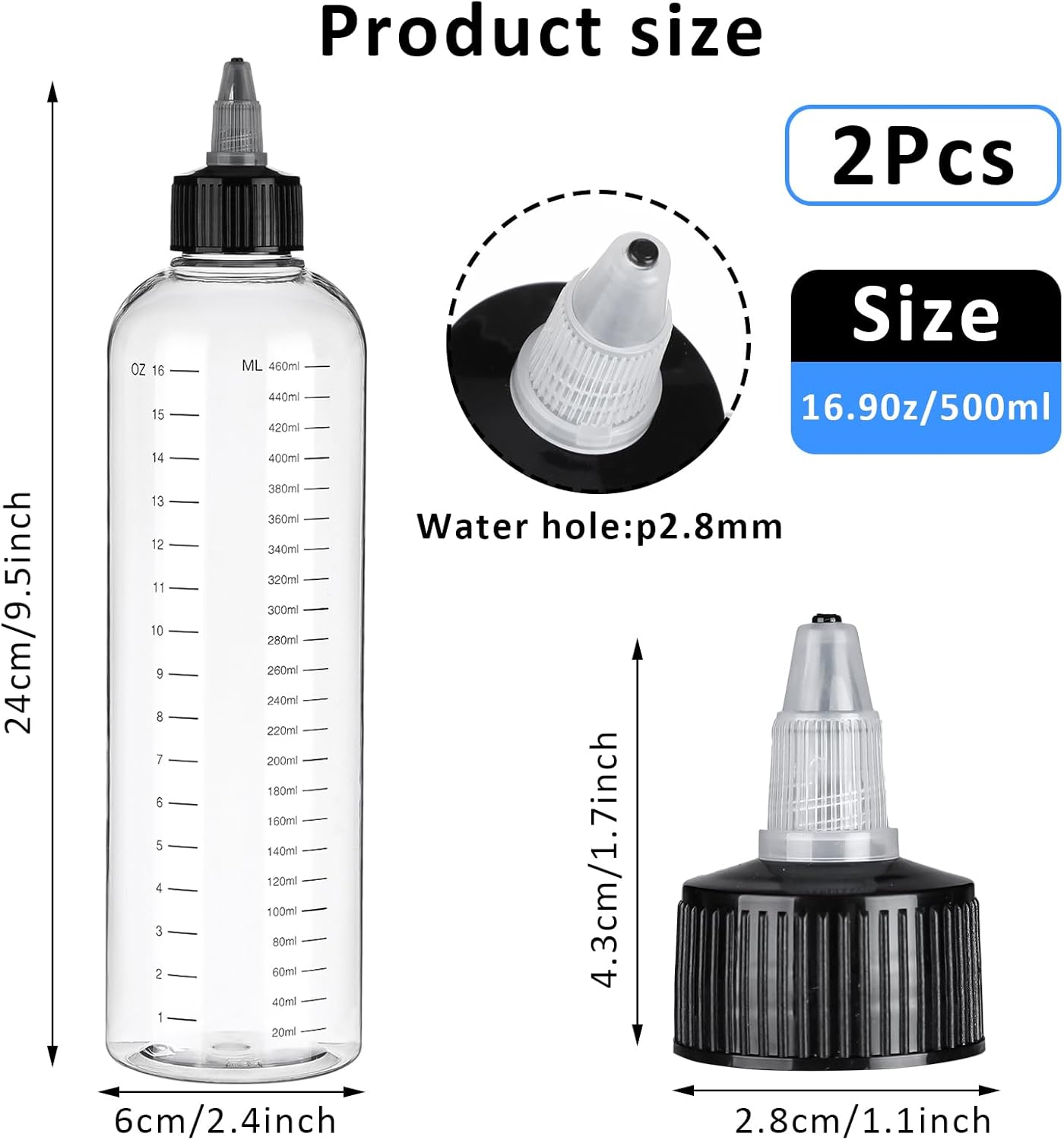 Applicator Bottle for Hair, 2 PCS 16.9Oz Clear Squeeze Bottles Plastic Hair Color Bottle Applicator Twist-On Top Tip Cap with Ratio Graduated Scale, Hair Oiling Applicator Hair Oil Container image number 5