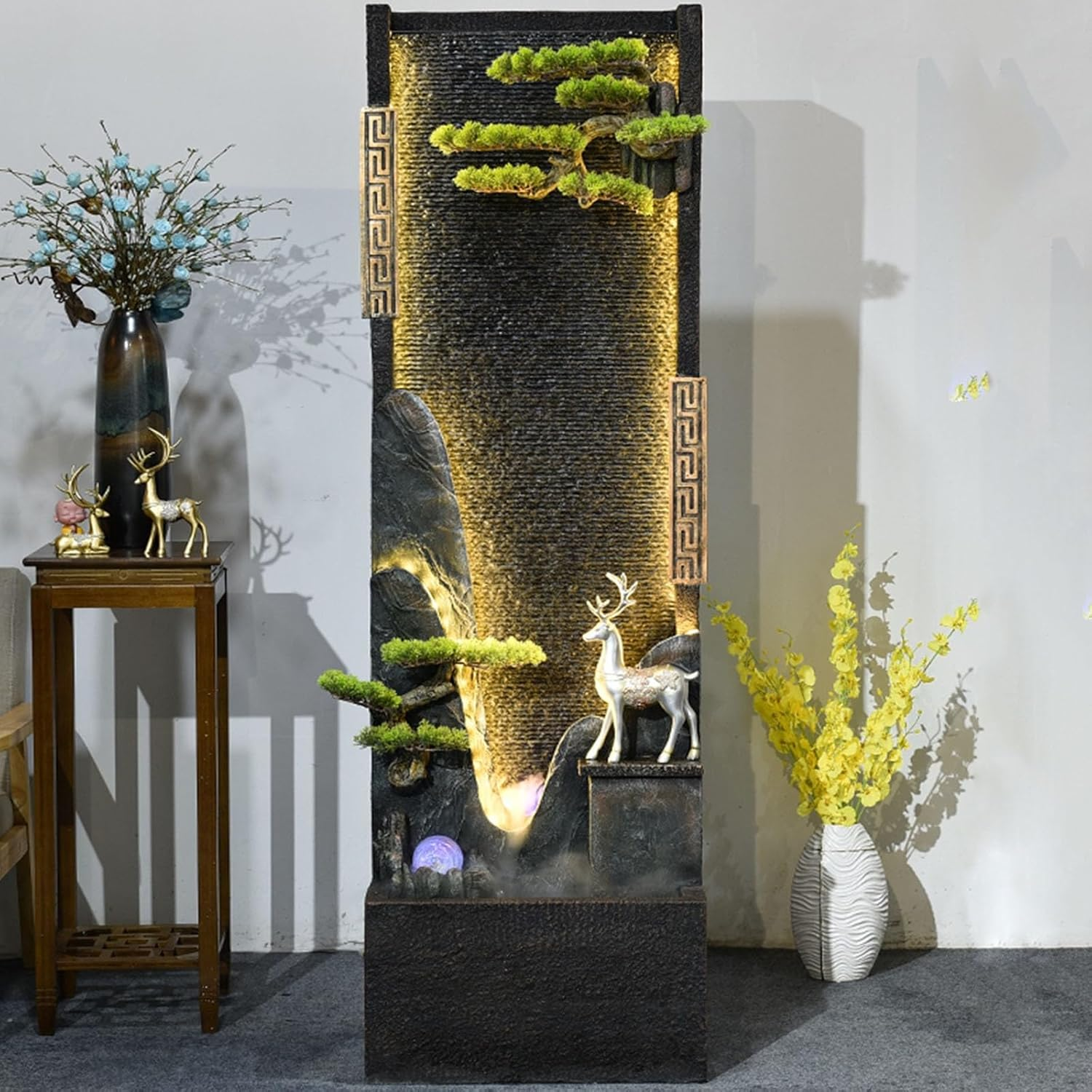 Outdoor Fountain Chinese-Style Circulating Water Curtain Wall Fountain with Artificial Mountain and Flowing, Floor-Standing Decorative Ornament, Suitable for Living Room or Office image number 2