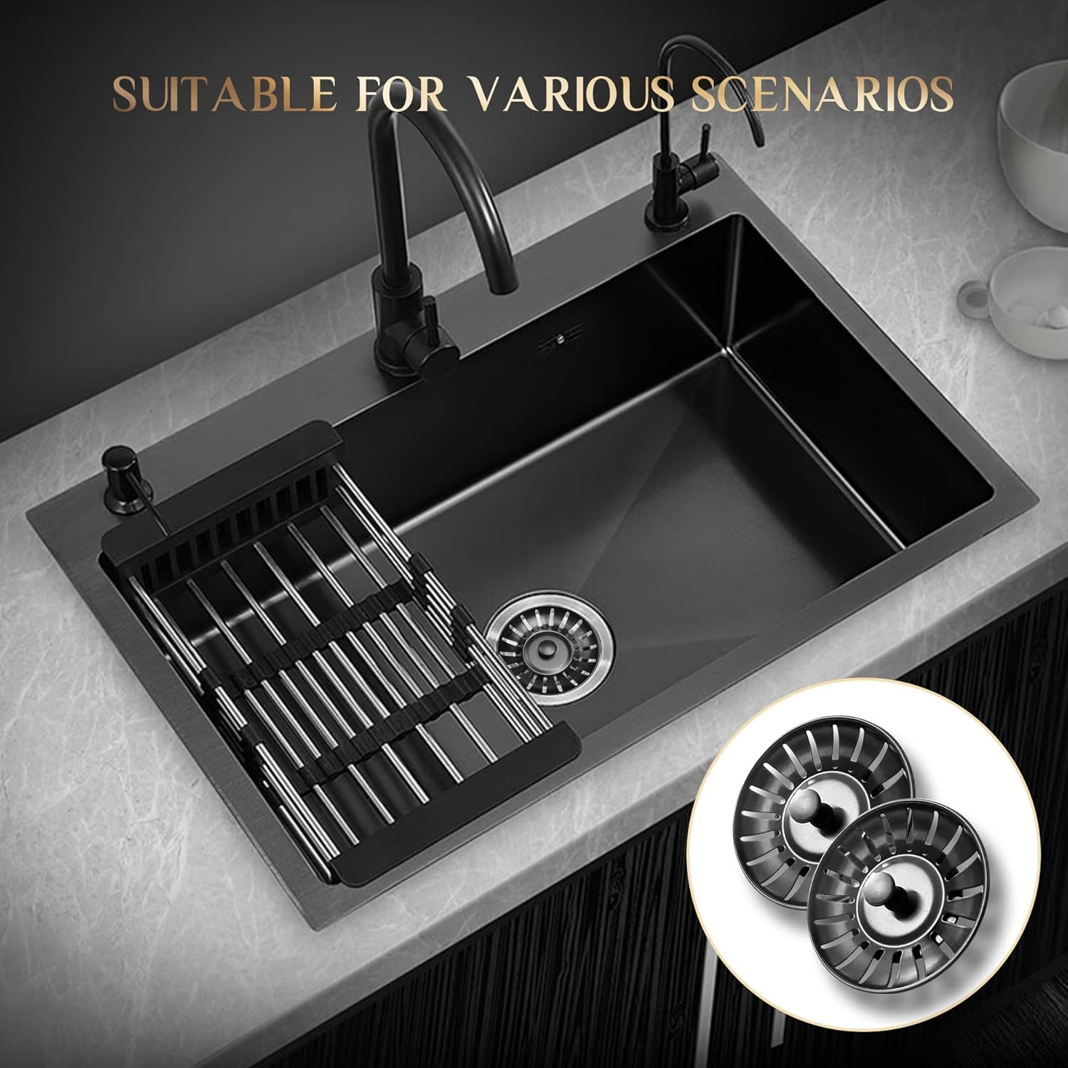 2 Pack Kitchen Sink Plug and Strainer,304 Stainless Sink Strainer Plug(Thickened Version),For Kitchen or Bath Shower Basin Tray Prevent Blocked Drains and an Unpleasant Odor in the Kitchen-Black 78Mm image number 3