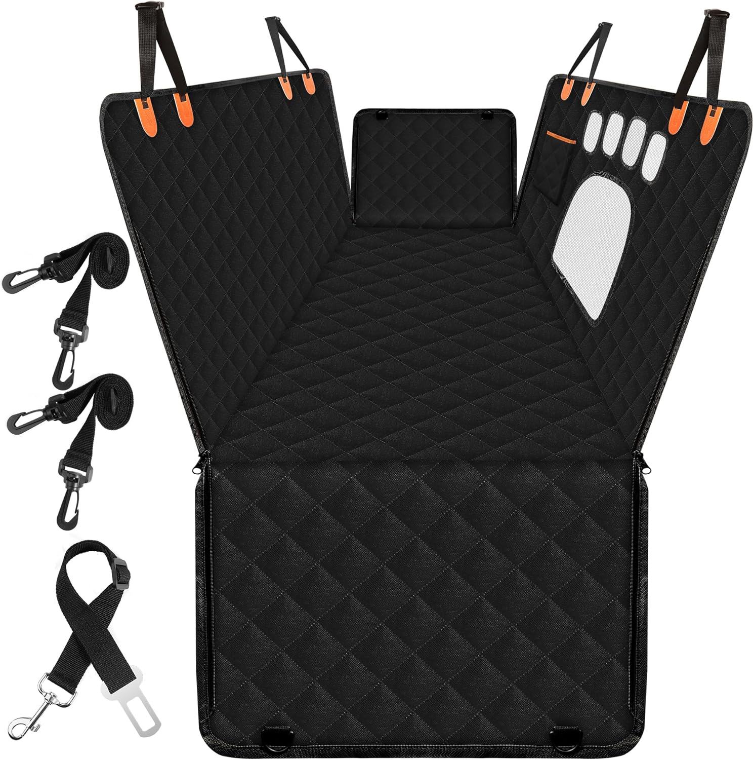 Zoramey Dog Car Seat Cover for Pets, 100% Waterproof 600D Heavy Durable Dog Car Seat Hammock Scratch Proof Nonslip with Seatbelt and Side Flaps for SUV, Truck, Sedan (Black)