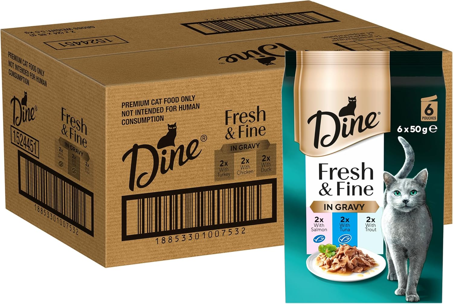 Dine Fresh and Fine Wet Cat Food Salmon, Tuna & Trout in Gravy 50G Pouch, 18 Pack image number 5