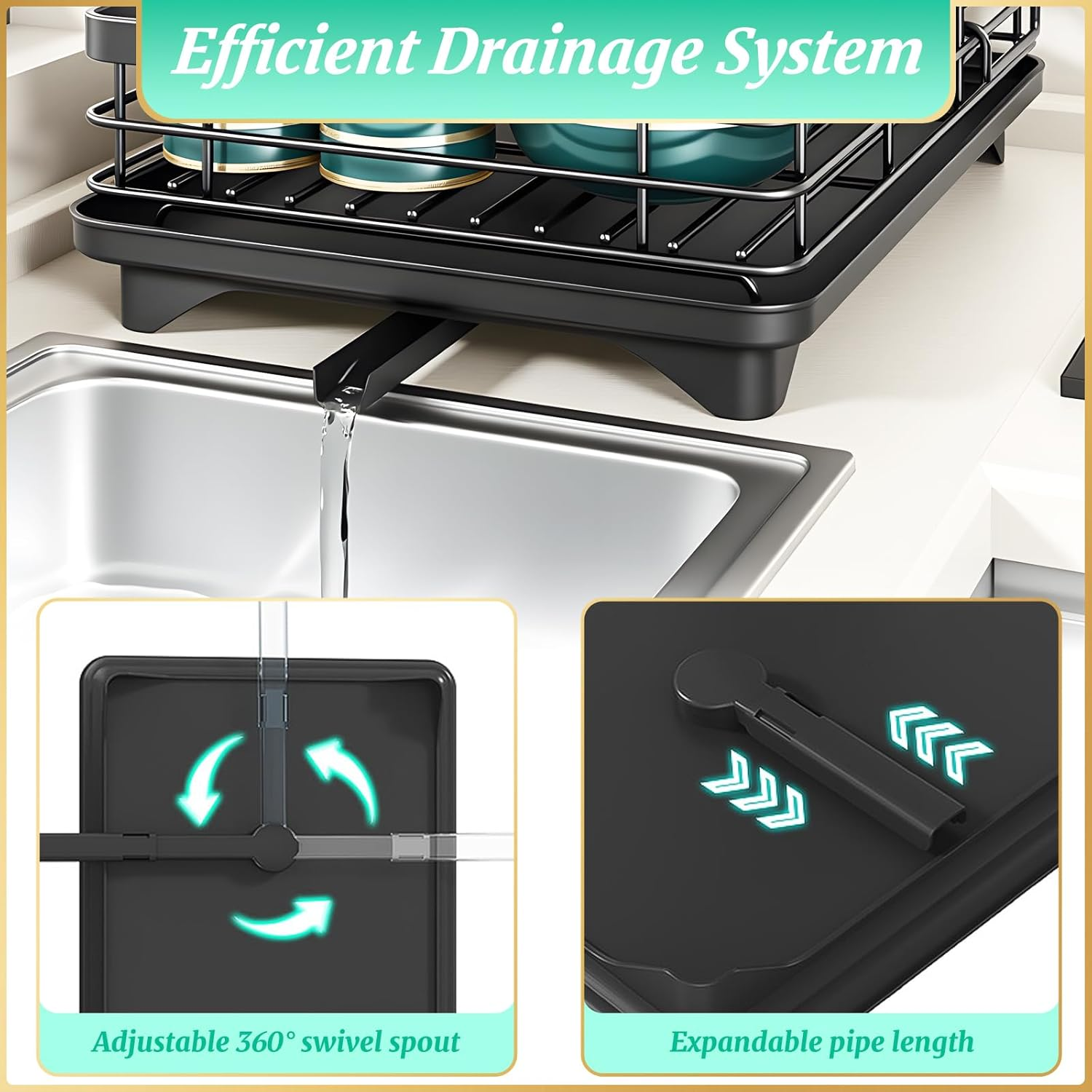 Micomlan Dish Drying Rack - 2 Tier Dish Racks for Kitchen Counter, Large Carbon Steel Dish Drainer Rack with Drainboard Set, Detachable Utensil Holder for Kitchen Storage & Organisation, Black image number 5