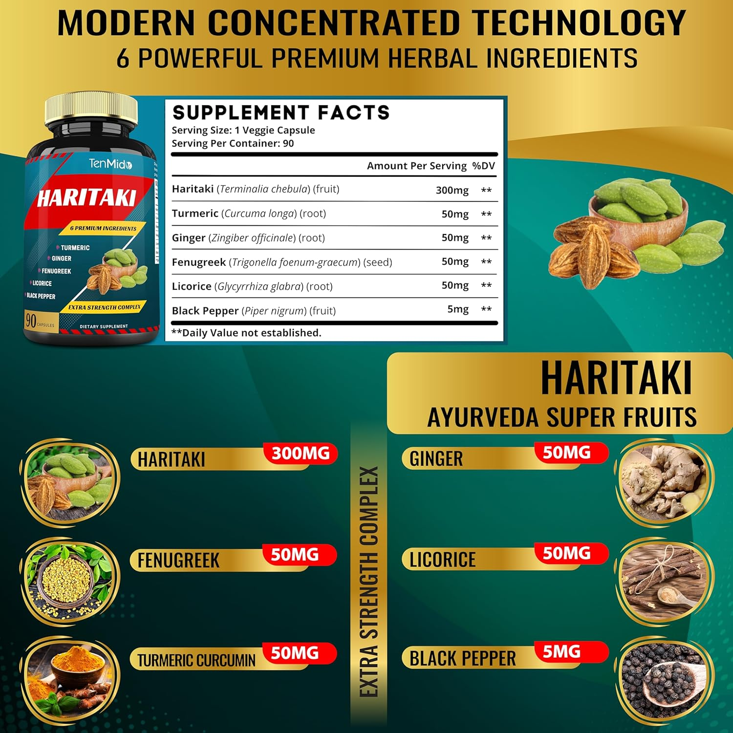 Haritaki Supplements Extract Capsules with Turmeric, Ginger, Fenugreek, Licorice, Black Pepper | Nourishes, Rejuvenates Body | 3 Months Supply, 90 Capsules image number 2