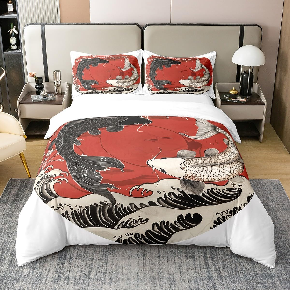 100% Cotton Koi Fish Bed Linen Set 155 X 220 Cm Japanese Style Ukiyo-E Comforter Cover Ocean Waves Floral Duvet Cover Japanese Red Sun Bedspread for Women Men Adults image number 2