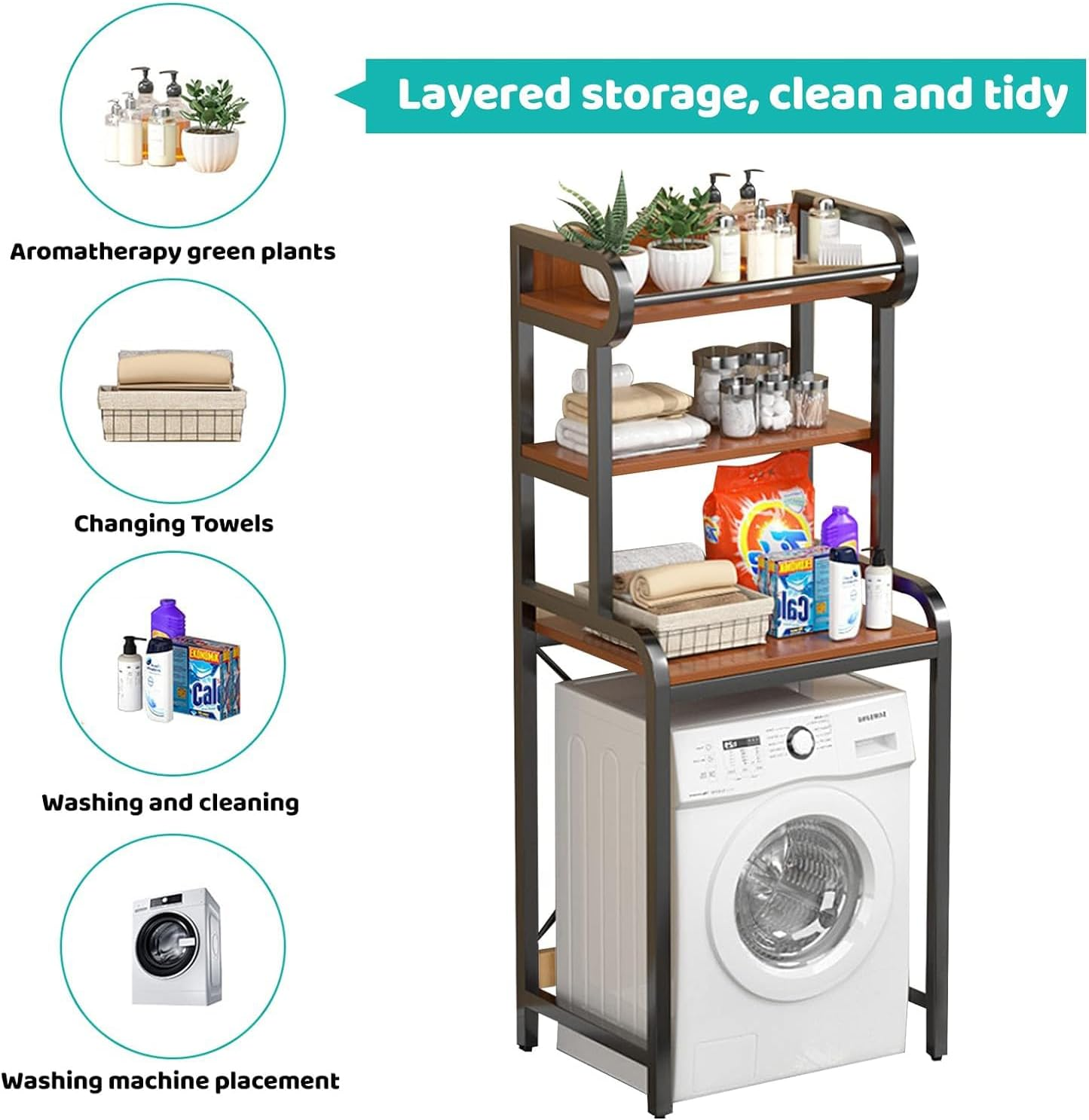 Over the Toilet Storage, 3-Tier Washing Machine Rack, Metal Laundry Shelf, above Washer Dryer Organizer for Bathroom, Balcony Space Saving (Black) image number 3