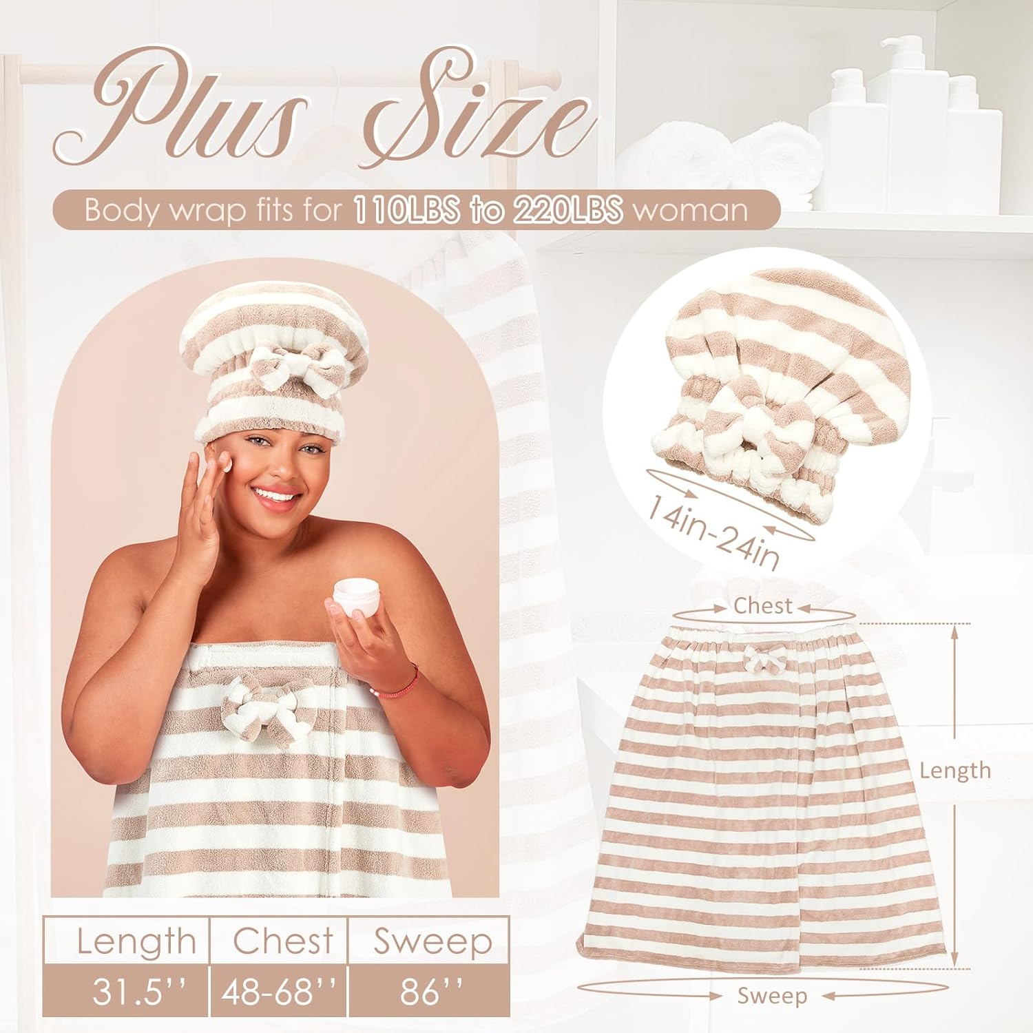 Xtinmee 2 Sets plus Size Towel Wrap with Hair Drying Adjustable Shower Wrap Bath Towel Women'S Robes Absorbent Spa Bathrobe(Coffee Color) image number 6