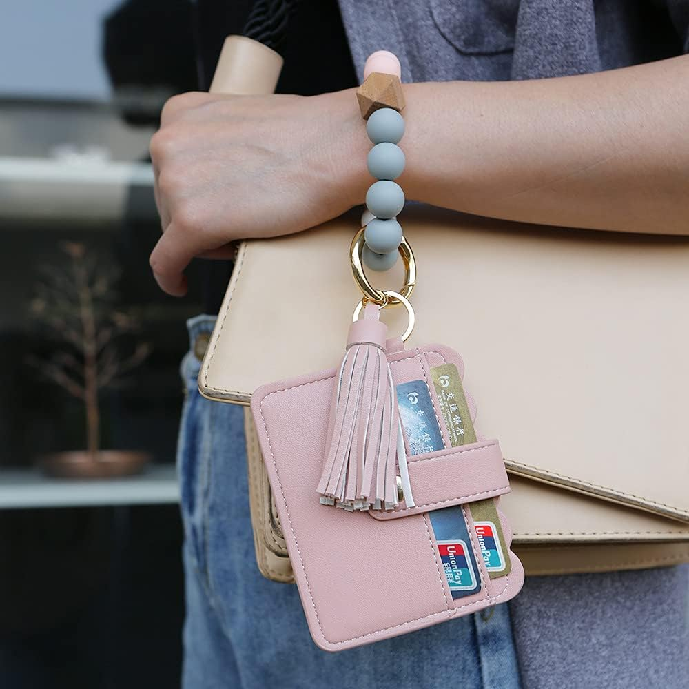 Silicone Beaded Bracelet Leather Keychain Wallet ID Card Holder Keyring Wristlet Bracelet Key Ring Chain Tassel Purse Women Girls Pink image number 4