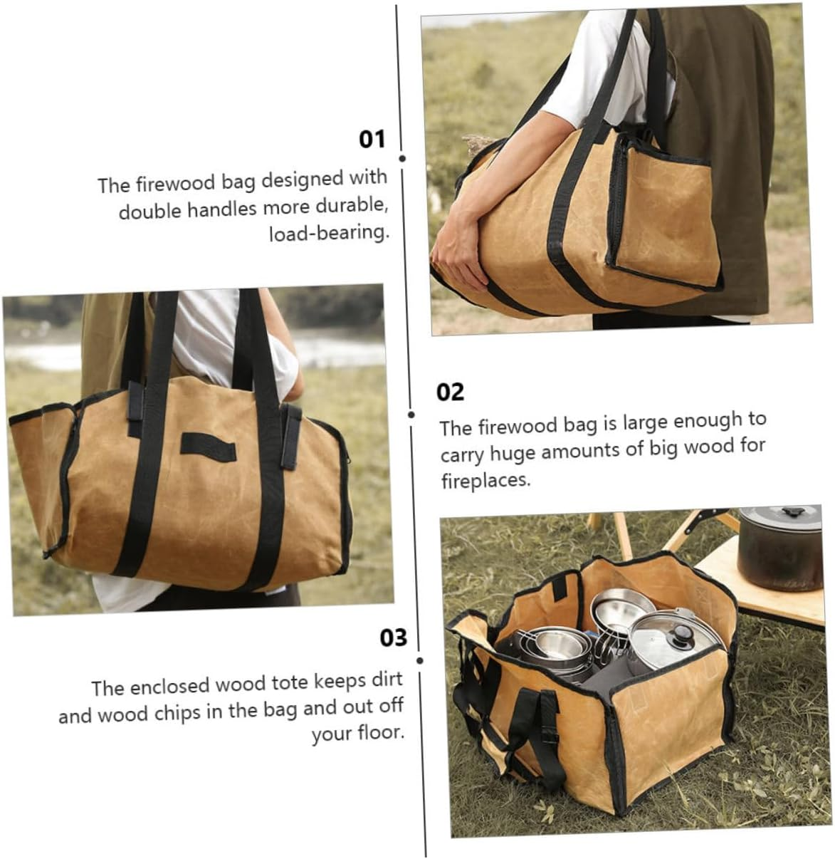 Portable Canvas Firewood Holder Bag Large Capacity Logging Tote for Camping and Bonfires Outdoor Wood Carrier Pouch for Oak and Maple Logs Heavy-Duty Storage Organizer in Khaki