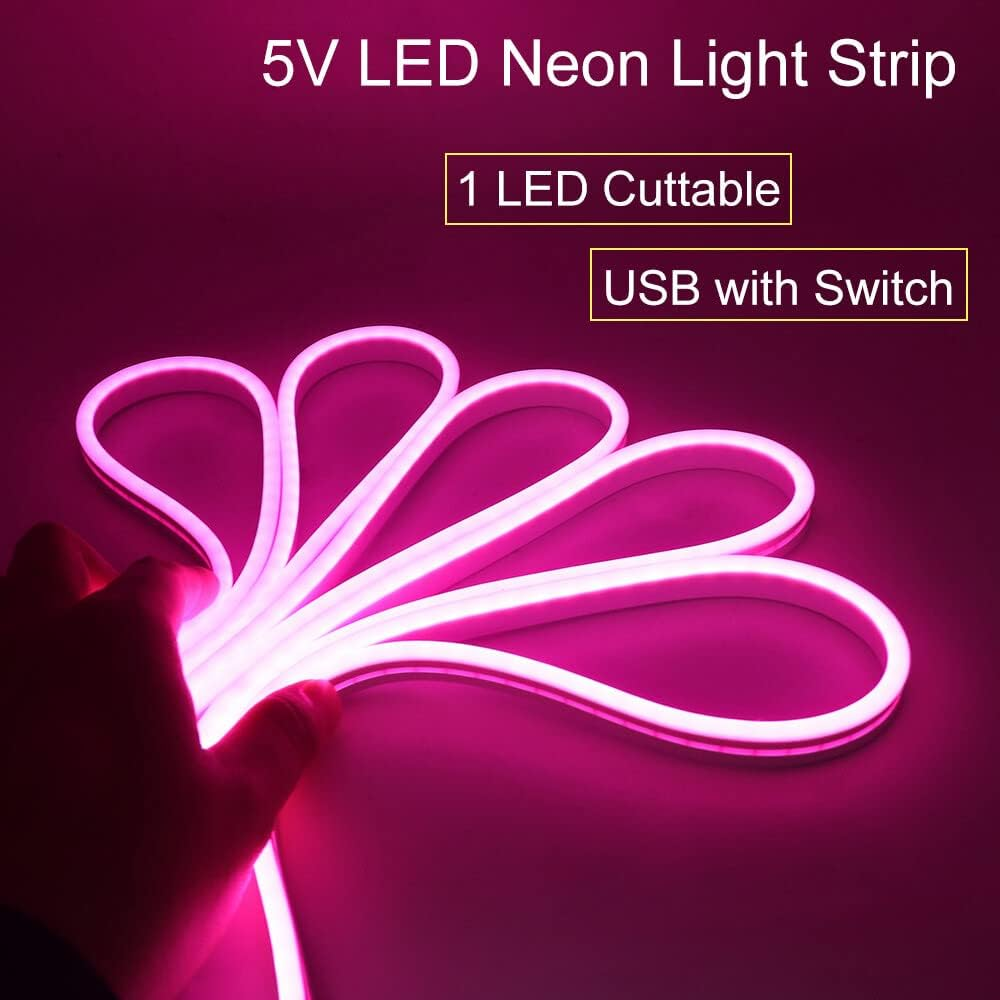 XUNATA 1M Pink LED Neon Light Strip with Switch, 5V USB Powered, Coloured PVC Tube Lights, IP65 Waterproof, Flexible, Cut to Size for DIY Home Commercial Decoration image number 6