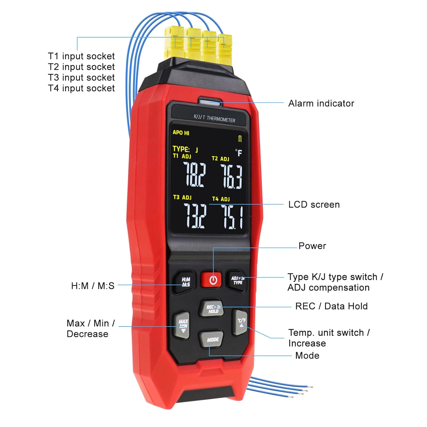 Thermocouple Thermometer Digital Data Logger Thermometer 4 Channel K/J/T Type Thermocouple Meter Temperature Meter, Temperature Logger with Sound & Light Alarm -200~1372&deg;C (-328~2501&deg;F) image number 2