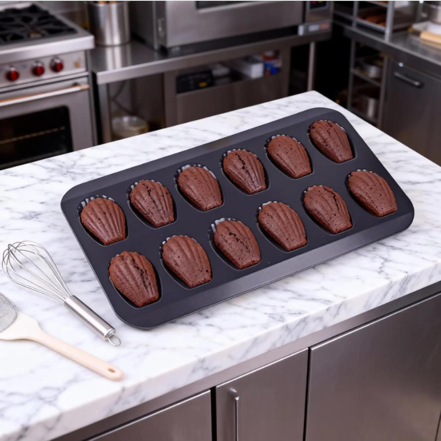 Kalione Nonstick Madeleine Pan 2 Pack 12-Cavity Heavy Duty Cookies Trays for Oven Baking, Warp Resistant Shell Shape Madeleine Mold Cake Pan, Black image number 4