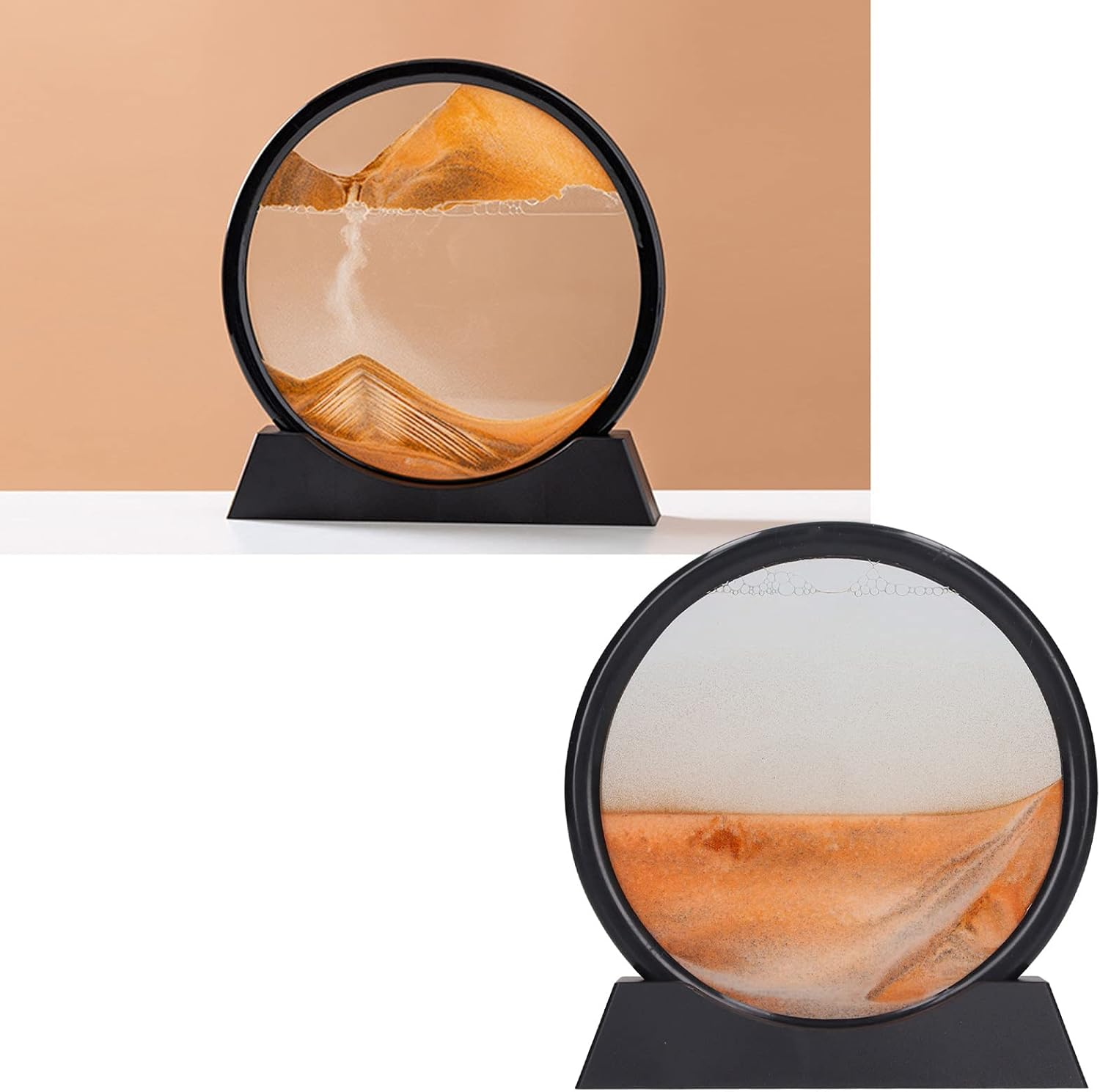 Moving Sand Art Picture, round Glass 3D Deep Sea Sandscape in Motion Display, Quicksand Painting Decor, Relaxing Desktop Toy for Kids, Adults, Home and Office Decor (Yellow) - Black image number 7