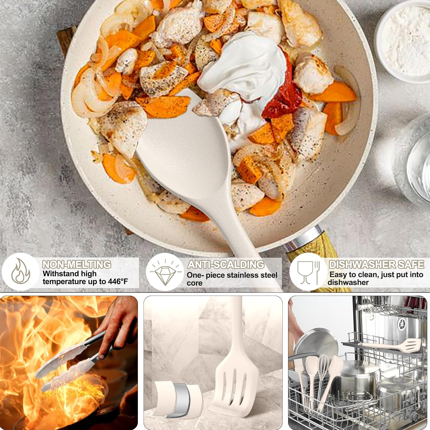 Umite Chef Silicone Kitchen Cooking Utensils Set, 22Pcs Heat Resistant Kitchen Utensils, Spatula, Spoon, Whisk, Dishwasher Safe Kitchen Utensil Gadgets Tools Set for Nonstick Cookware(Khaki) image number 2