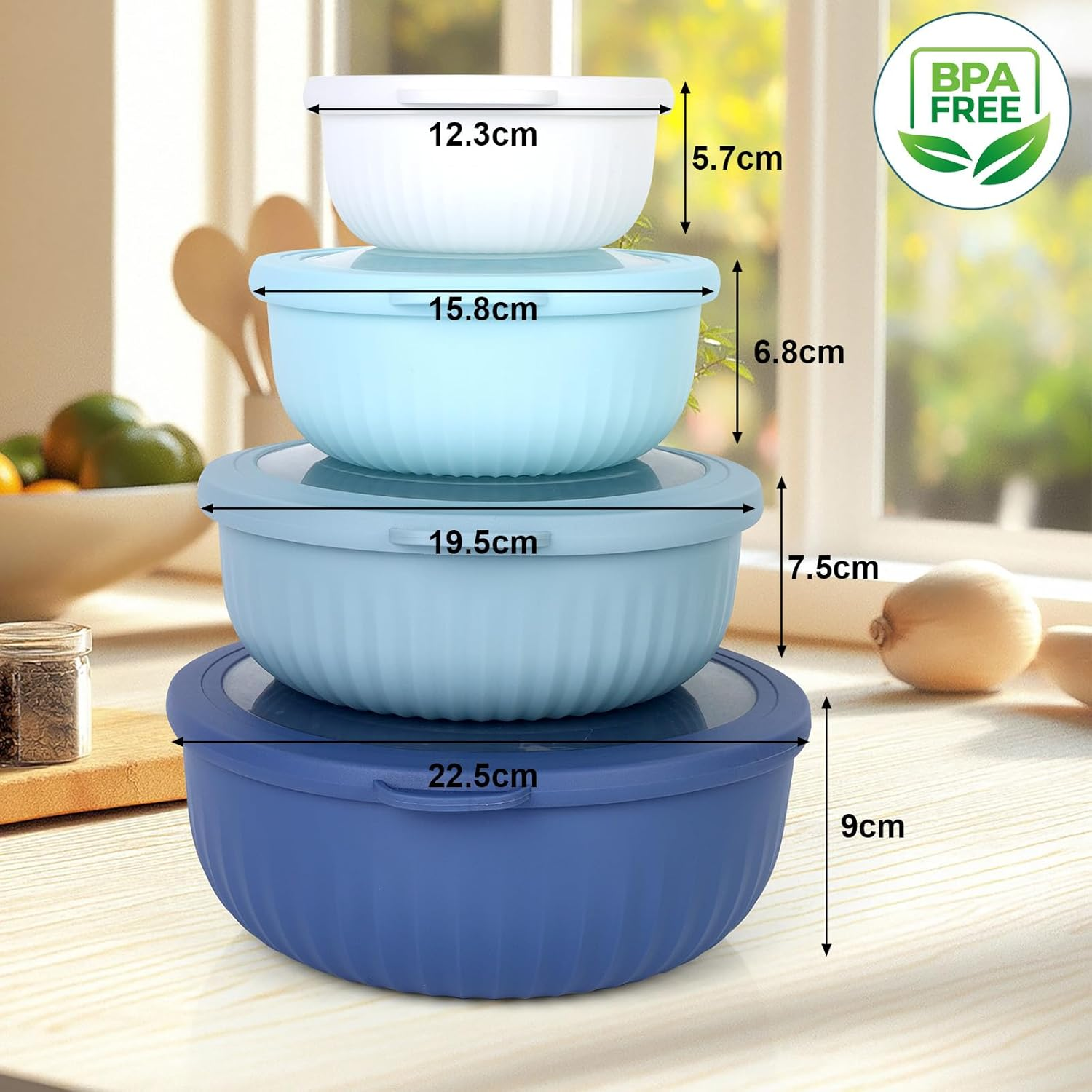 VINATO Salad Bowl with Lid, Set of 4, 0.4L/0.78L/1.4L/2.2L, Bpa-Free, Made of TPE + PP for Kitchen, Camping, Microwave, Dishwasher & Fridge Safe, Bowl with Lid, Salad Bowls image number 3