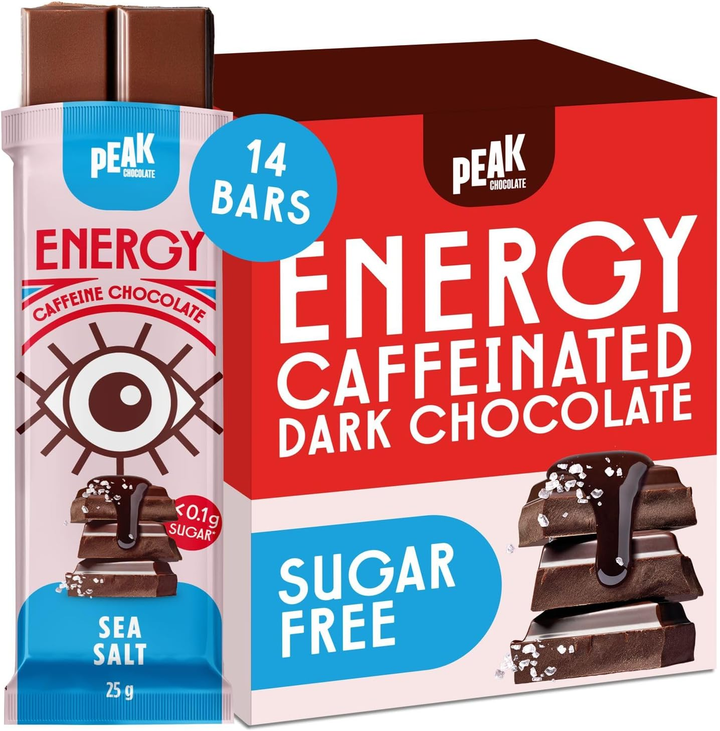 Peak Energy Caffeinated Dark Chocolate Energy Bars with Sea Salt - Sugar Free Chocolate, High Protein, 100Mg Natural Caffeine, Healthy Snack for Energy and Focus - Keto-Friendly - 14 Bars image number 2