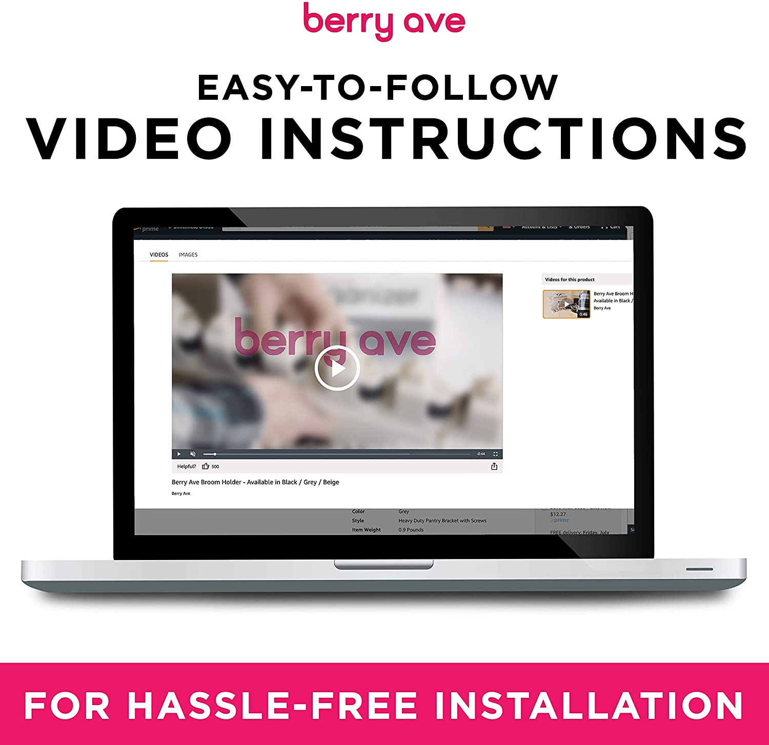 Berry Ave Broom Holder & Wall Mount Garden Tool Organizer - Home Laundry Room, Kitchen, Closet, Shed, Garage Organization and Storage Utility Rack - 5 Slots & 6 Hooks -Rake, Shovel, Mop Hanger (Black) image number 1