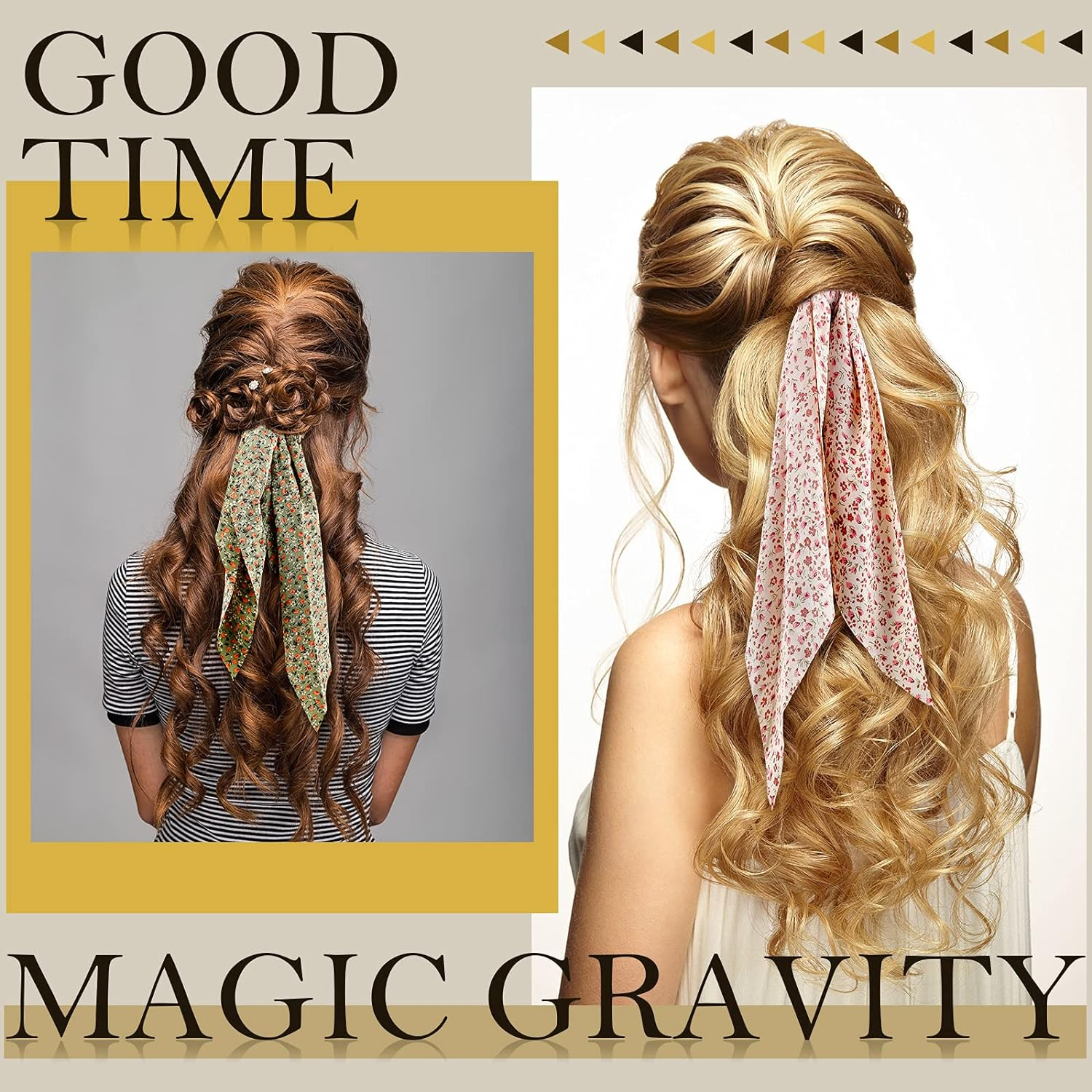 Chuangdi 10 Pcs Hair Scrunchies Hair Scarf with Ribbon Bunny Ears Chiffon Floral Bow Ponytail Holder Boho Elastic Floral Ropes 2 in 1 Vintage Accessories for Women (Ditsy Print) image number 3