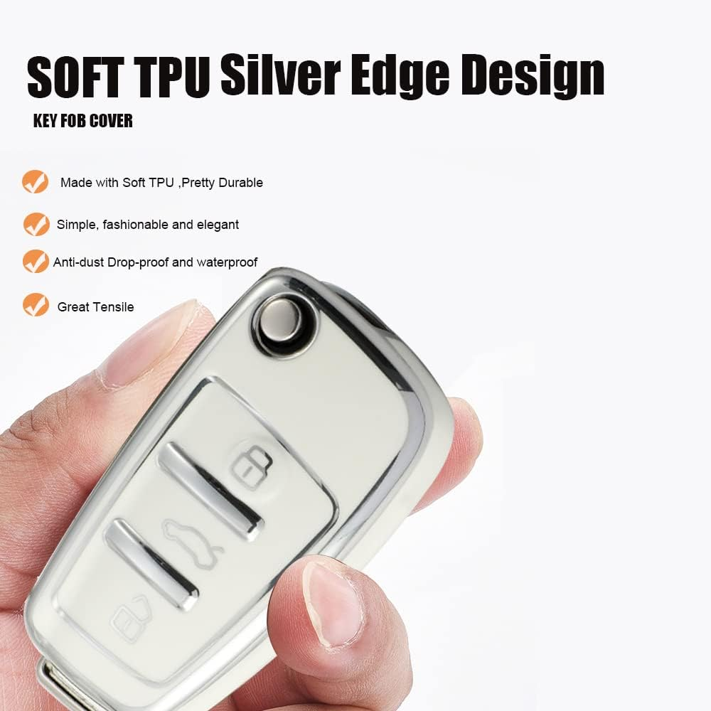 HIBEYO Key Fob Cover Compatible with Audi A1 A3 A6 Q2 Q3 Q7 TT TTS R8 S3 S6 RS3 Car Accessories TPU Silver-Edge Key Holder - Leather Keychain Black image number 3