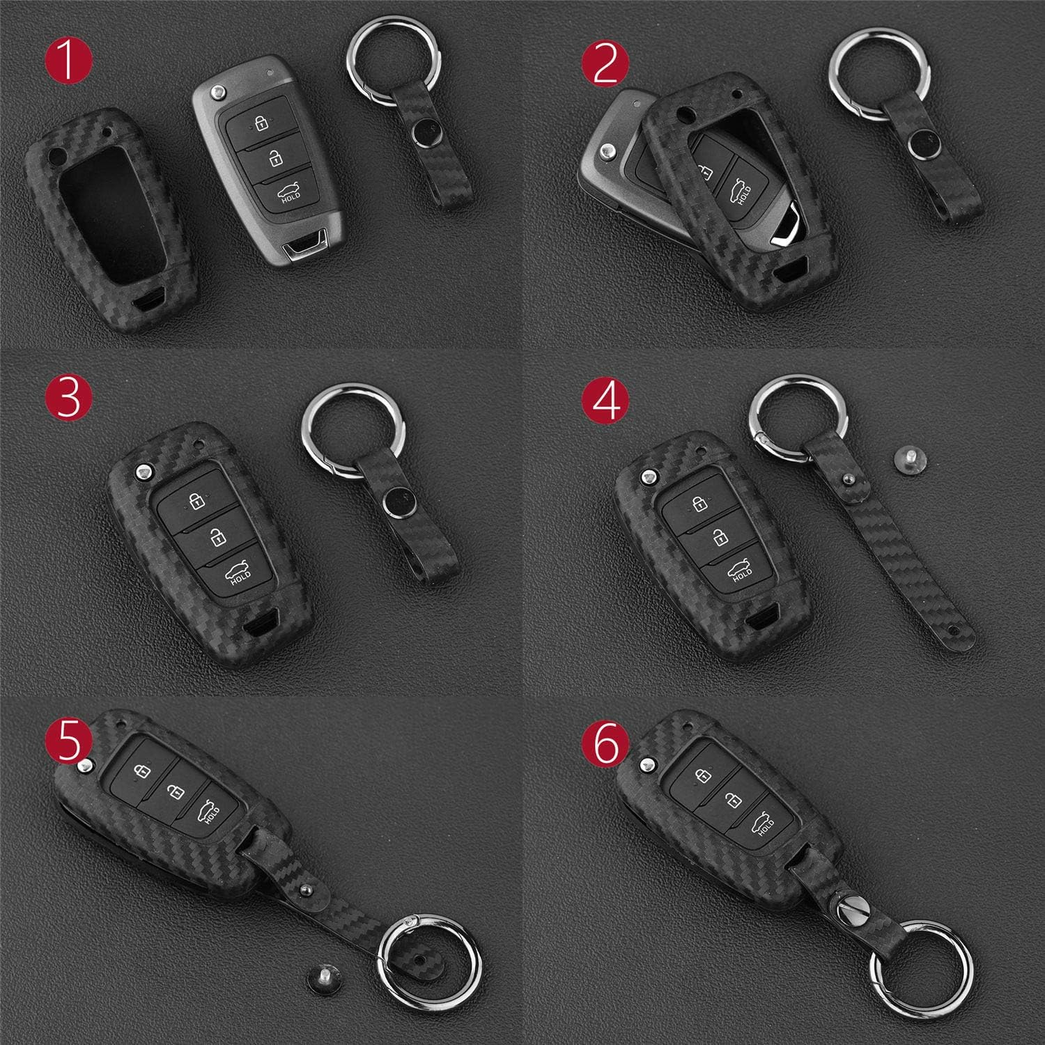 M.Jvisun Soft Silicone TPU Car Key Fob Cover for Hyundai Accent Elantra I30 I35 I40 Kona Santa Fe Solaris Tucson Veloster Auto Remote Key Protection Case - Carbon Fiber Pattern - round Keychain image number 3