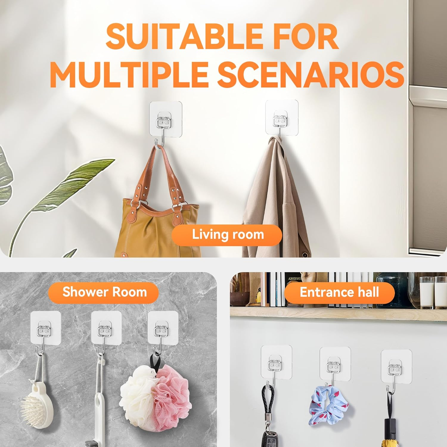 Transparent Heavy Duty Adhesive Hooks for Walls - Clear Hooks for Hanging, No Damage, Strong for Heavy Duty Use, Ideal for Kitchen image number 2