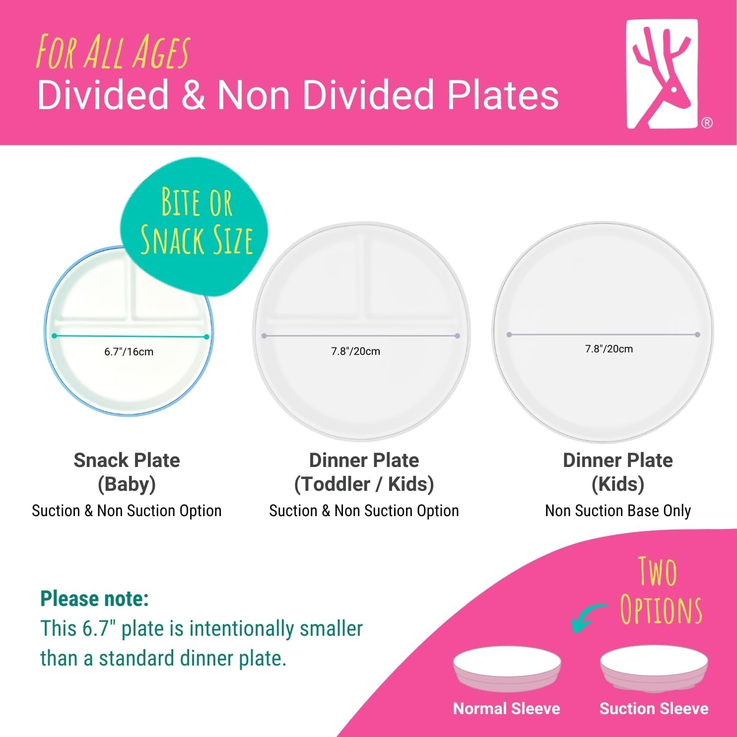 Elk and Friends Kids 6.7&rdquo; Porcelain White Divided Plates with Silicone Suction Sleeves | Suitable for Babies/Toddlers | Microwave & Dishwasher Safe | Stay Put Dinnerware | Snack Dishes | 2 Pack image number 3