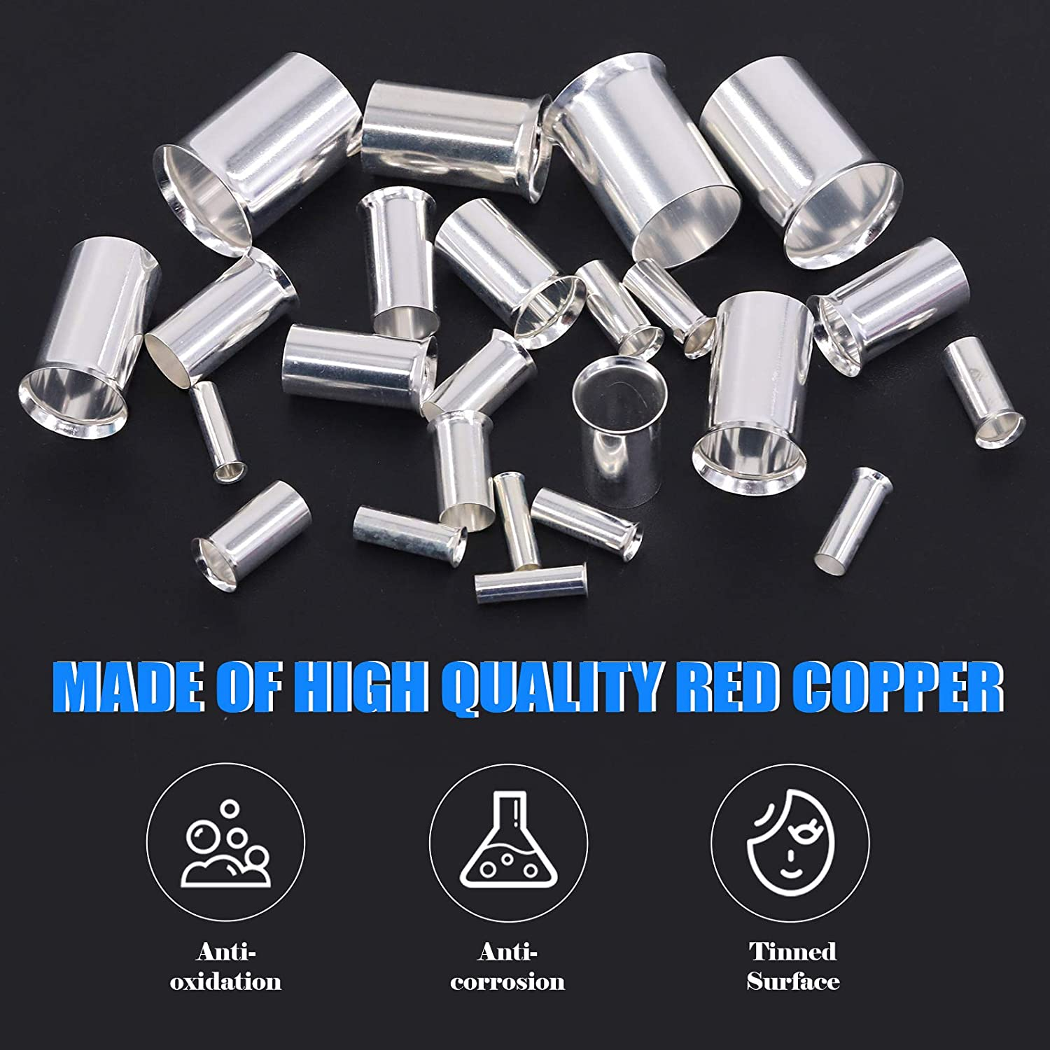 Glarks 166Pcs 8 Sizes AWG 12 10 8 6 4 2 1 2/0 Wire Ferrules Kit Silver Plated Copper Crimp Connector Non Insulated Ferrules Pin Cord End Terminals Assortment Kit image number 5