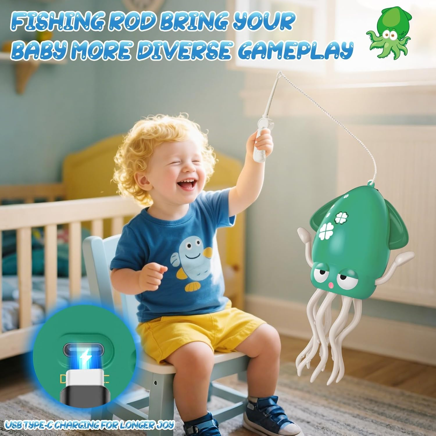 Dancing Squid Tummy Time Toy &ndash; Electric Crawling Octopus Baby Toy, LED Lights & Music (Green)