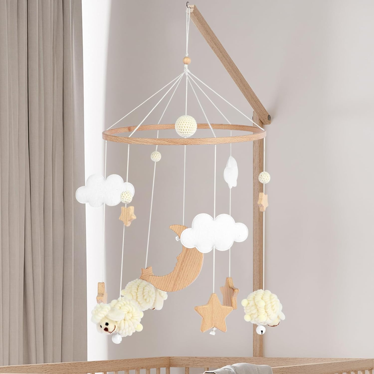 Baby Crib Mobile,0 to 3 Years Old Baby Wooden Baby Nursery Mobile Star Moon Sheep Baby Bed Bell Cute Bedroom Hanging Ornament Baby Crib Nursery Decoration for Boys Girls (B) image number 1