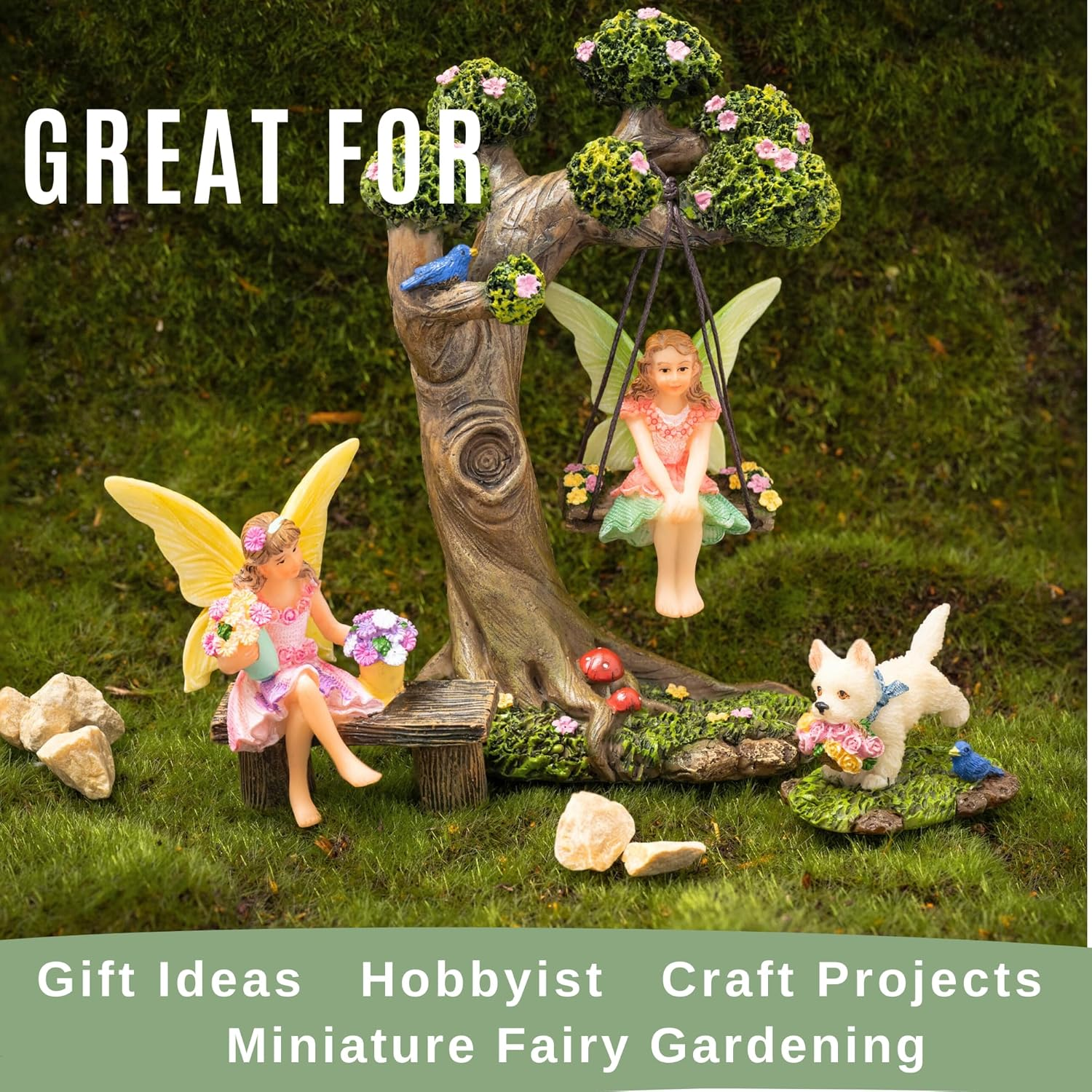 PRETMANNS Fairy Garden Accessories &ndash; Fairy Garden Fairies - Fairy Garden Kit, with Garden Fairies &ndash; Cute Fairies for Garden Outdoor & Fairy Tree Swing with Puppy &ndash; 4 Piece Fairy Set image number 3