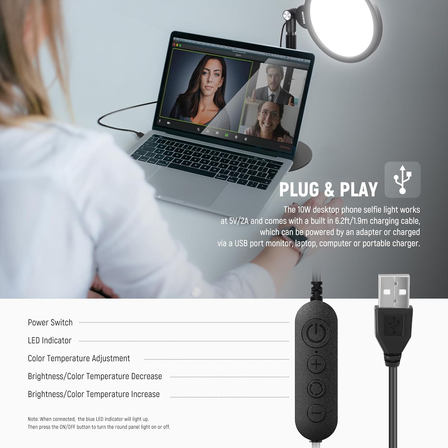 NEEWER Basics 7" Desktop Ring Light for Video Recording, 10W Dimmable Full Screen Key Lighting with Desk Stand & Phone Holder for Iphone Computer Laptop Vlog Live Streaming Video Conference, R06 image number 6