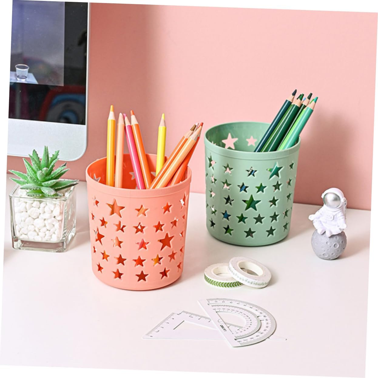 SOPOTUTU 8Pcs Cute Pencil Storage Holder and Pen Organizer Set, round Plastic Desk Containers Star Cutout Design, Multi-Color Desktop Storage for Home, Office, and Classroom Supplies image number 3
