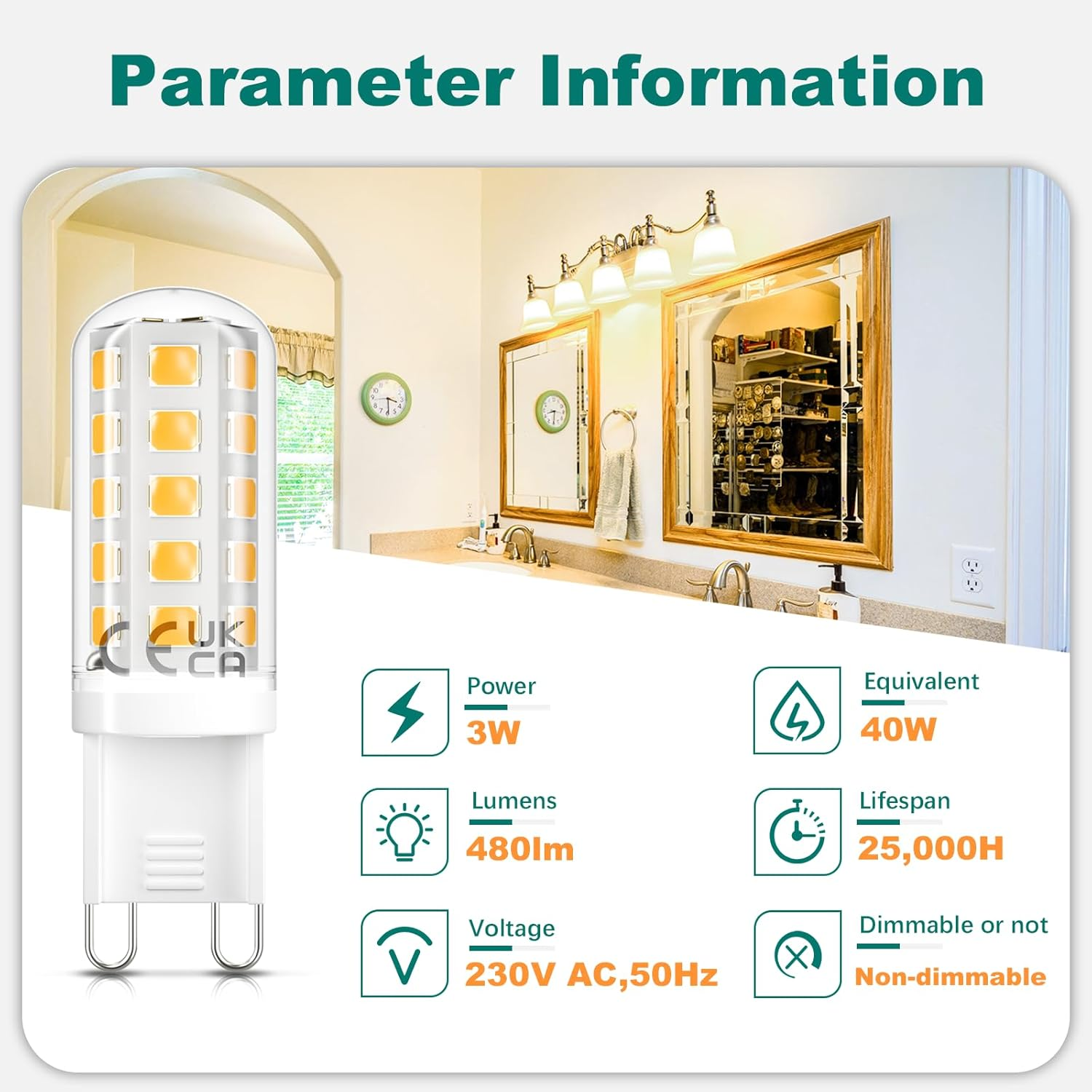 Dicuno G9 LED Bulb 3W, Warm White 2700K, Equivalent to 40W Halogen, 480LM, Non-Dimmable, Energy-Saving G9 LED Light Bulbs for Chandelier, Ceiling Lights, Pack of 6 image number 6