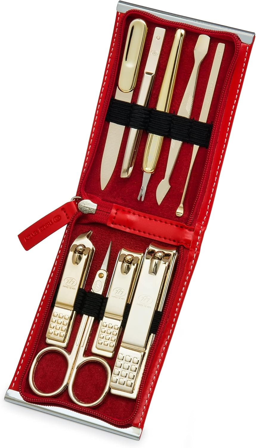 World No. 1, Three Seven 777 Travel Manicure Pedicure Grooming Kit Set - Nail Clipper (Total 9 Pcs, Model: TS-970RG). since 1975. Made in Korea (Red Case & Gold)