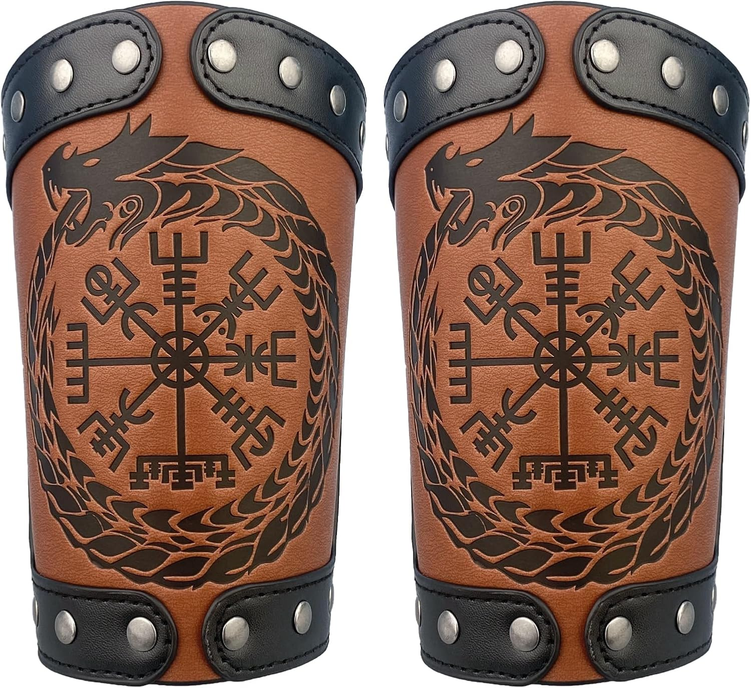 Hiifeuer Embossed Viking Symble Faux Leather Arm Armor, Viking Gauntlet Bracers, Knight Arm Guards for LARP Ren Faire