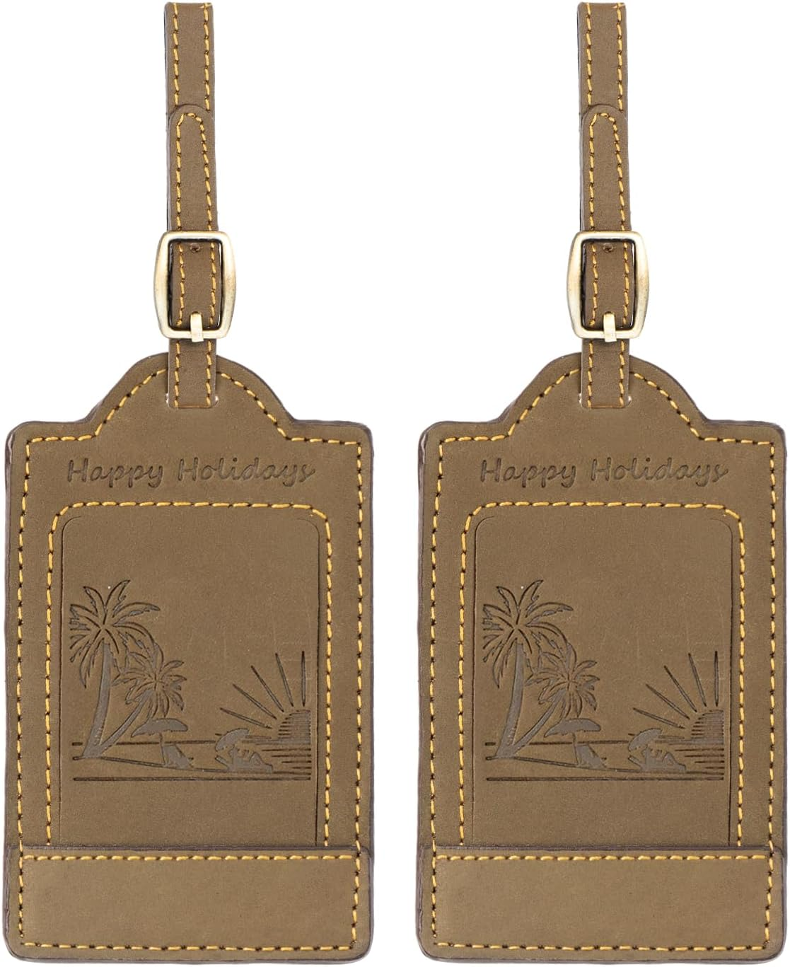 Sovereign-Gear - Two Brown Leather Luggage Tags - Beach Embossed - Genuine Leather Luggage Tag for Suitcases, Stylish & Durable Travel Accessory