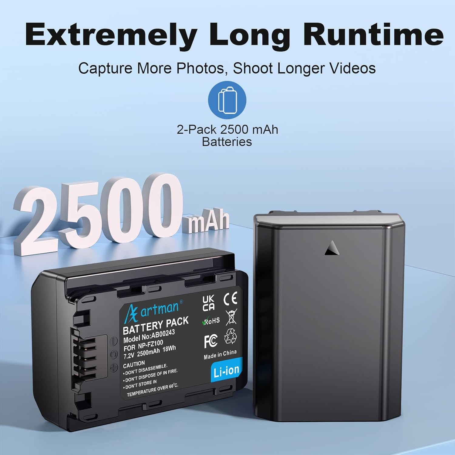 Artman 2-Pack NP-FZ100 Battery 2500Mah with USB-C 20W Fast Charging Case Set for Sony FX3 FX30 A7 IV A7 III A7S III A7R III A7C A9 A6600 A6700 ZV-E1 A7R IV A7R V A9 II A9 III A9R A9S, Camera image number 2