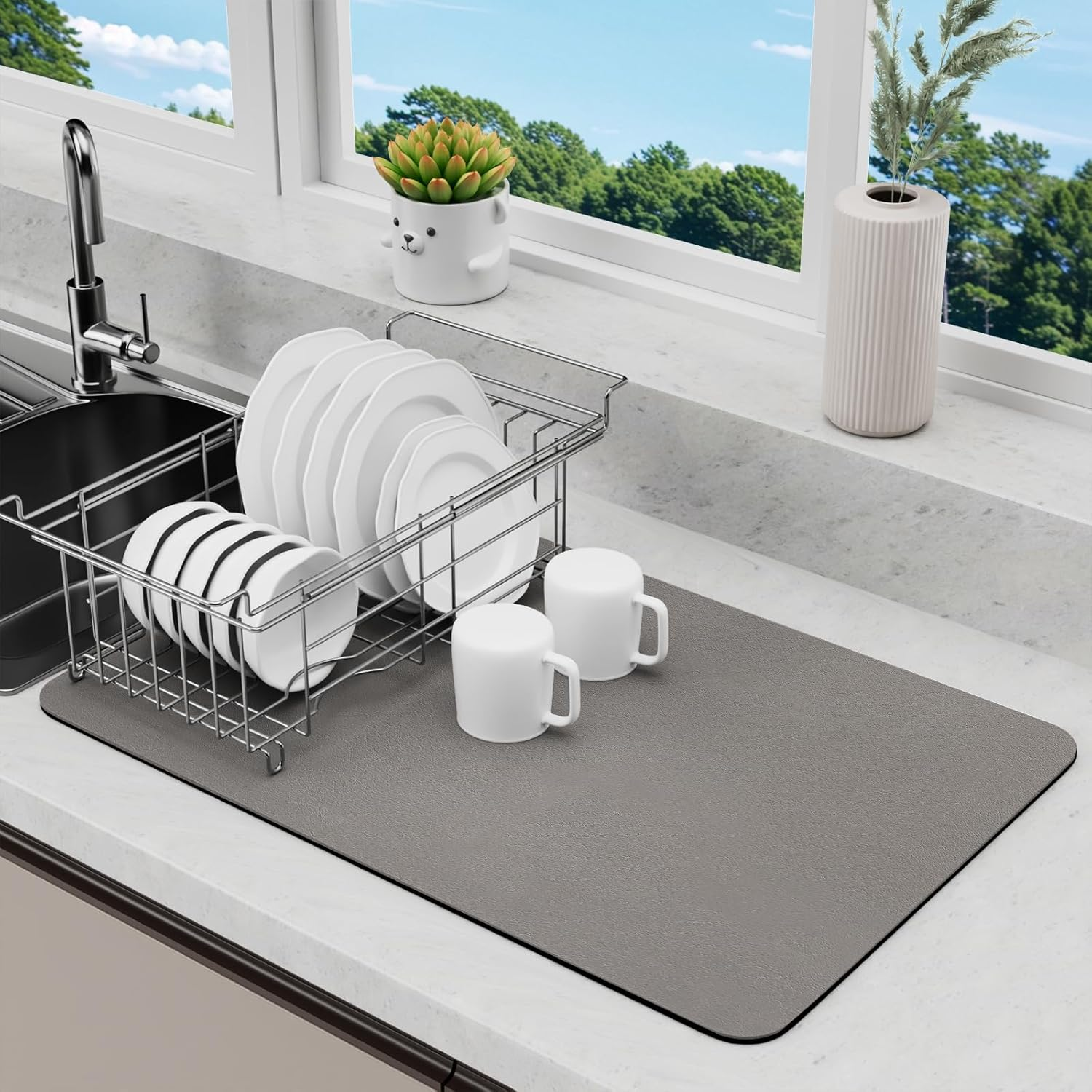 Dish Drying Mat for Kitchen Counter, Dish Drying Pad with Non-Slip Rubber Backed, Hide Stain anti Absorbent for Kitchen Counter (Grey, 60 X 40 Cm)