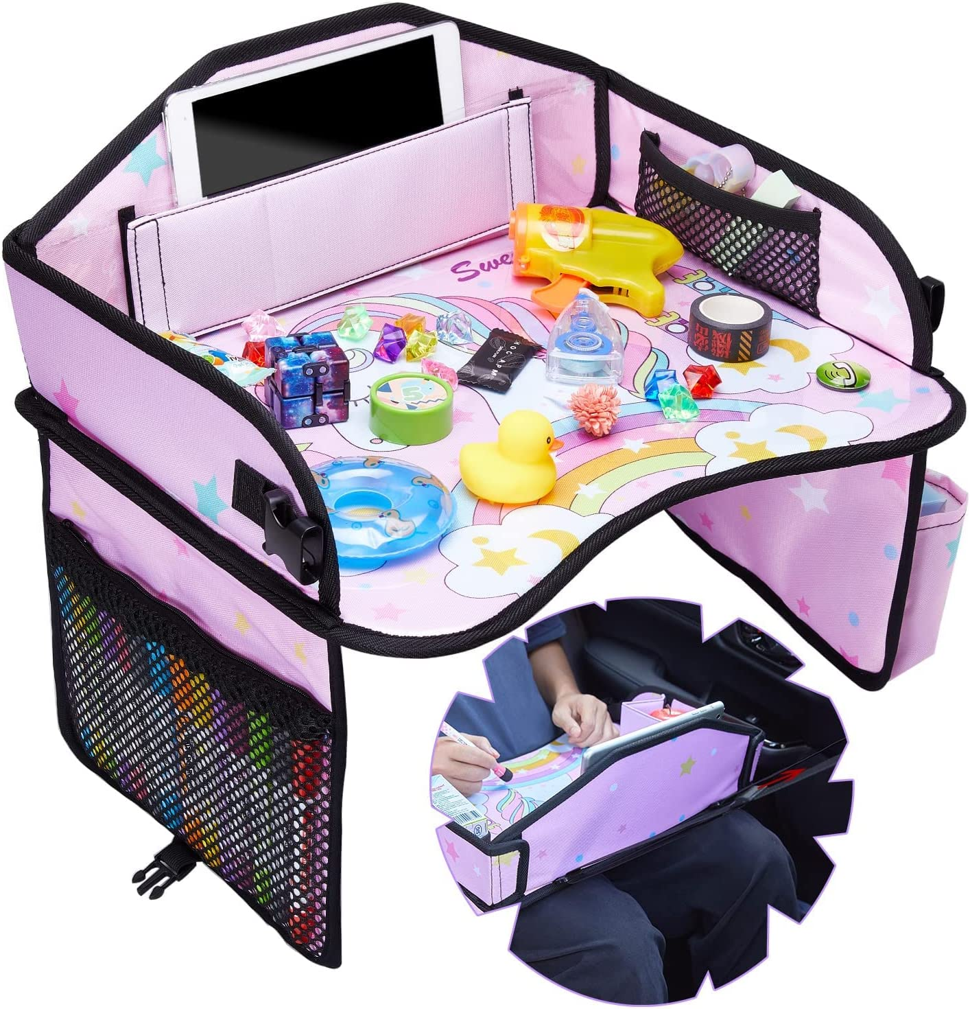 Lordap Kids Travel Tray for Toddler Car Seat,Toddler Car Seat Tray Organizer,Large Ipad Holder a Road Trip Essential,Soft Padding,Waterproof,Food & Snack Lap Tray Carseat,Stroller,High Chair (Pink) image number 1