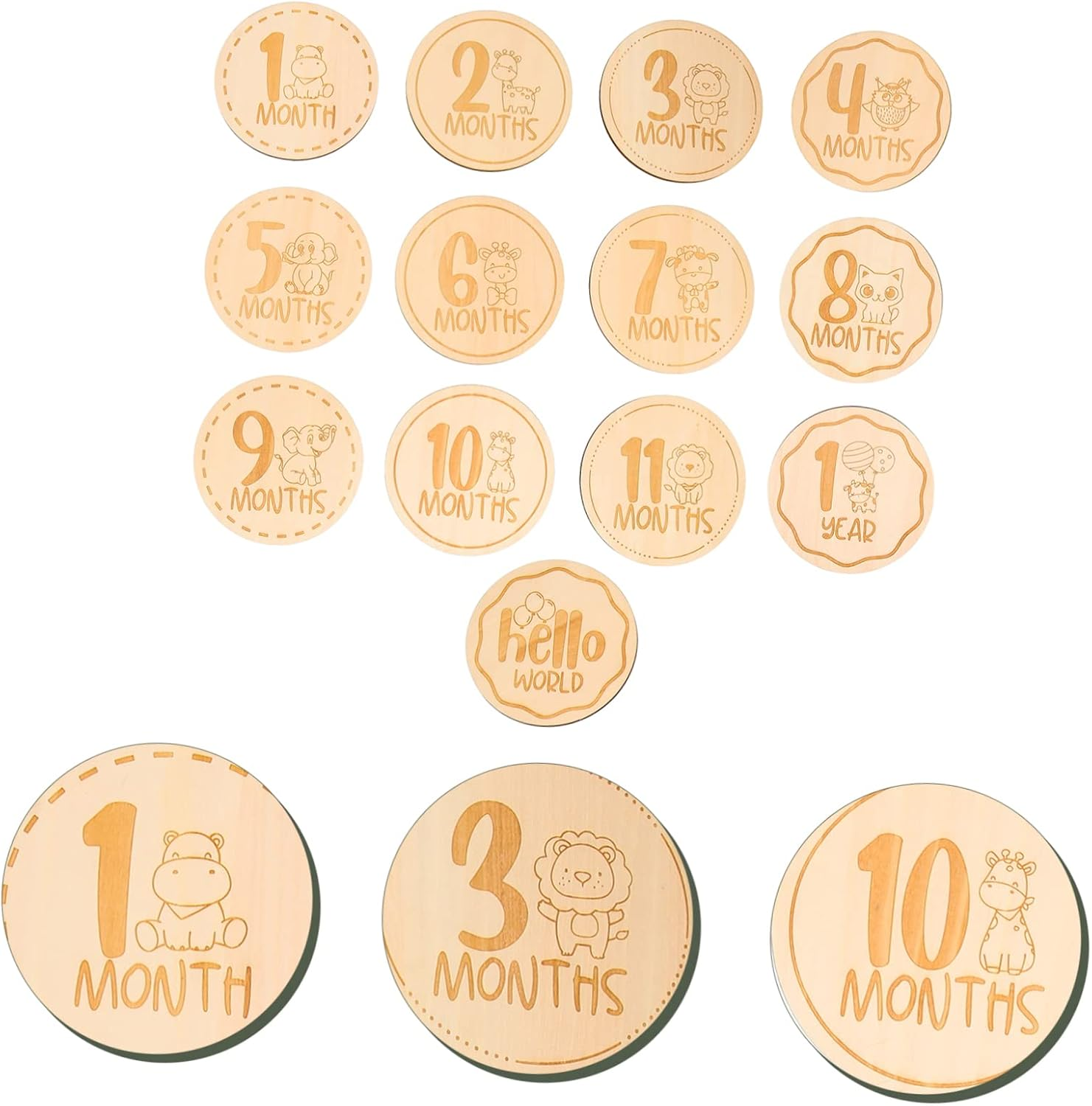 13Pcs Wood Milestone Discs Cartoon Animal Growth Cards Milestone Cards Photo Props for Newborns Shower image number 2