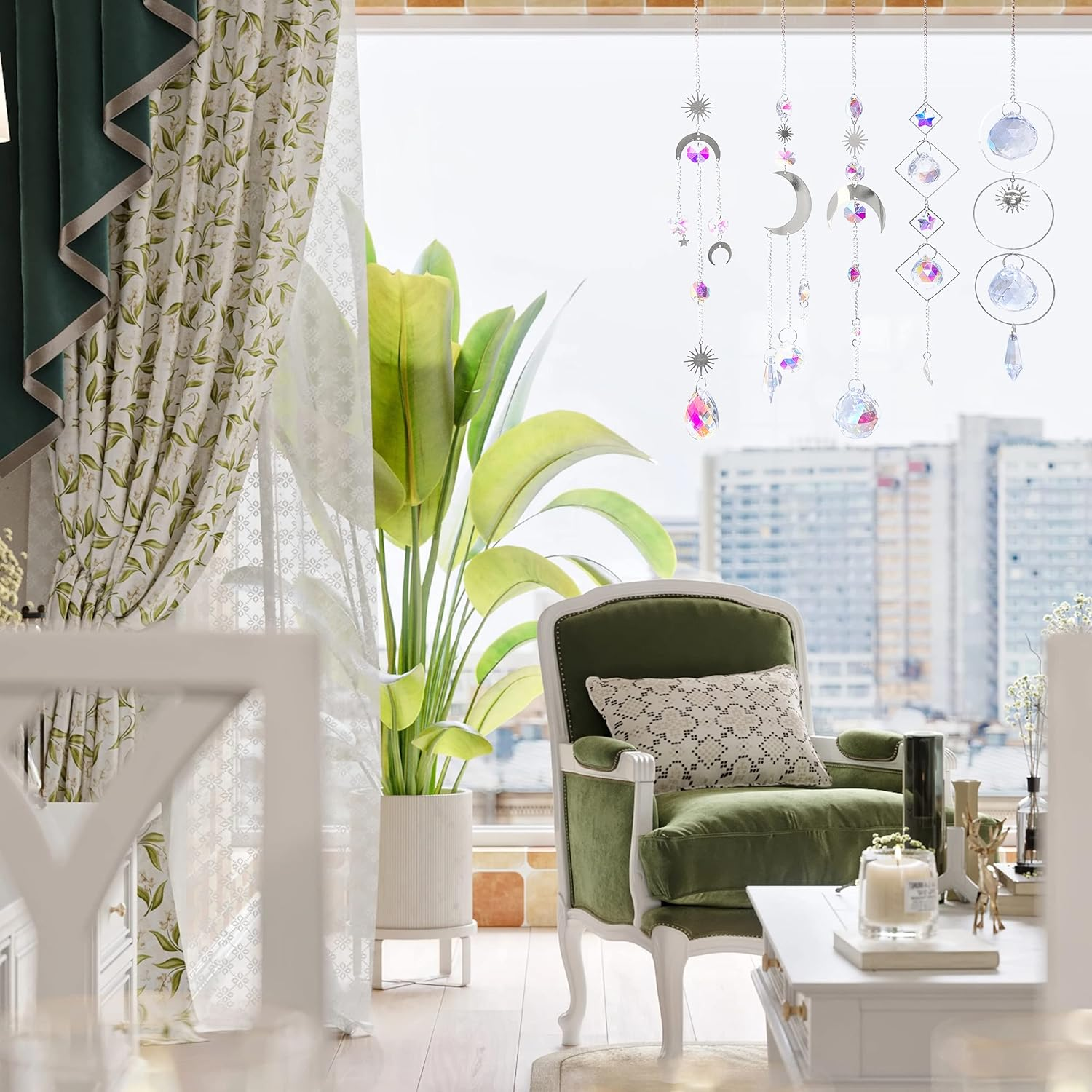 Nuyikaso 5Pcs Suncatcher Crystal Hanging Wind Chimes Rainbow Sun Moon Pendant Sun Catcher Balls for Window Home Garden Christmas Day Party Wedding Decor Silver image number 2