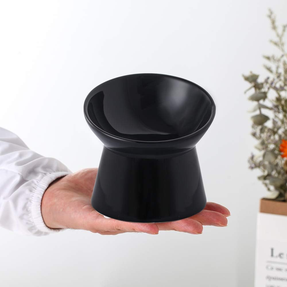 Black Small Ceramic Raised Cat Bowls, Tilted Elevated Food or Water Bowls, Stress Free, Backflow Prevention, Dishwasher and Microwave Safe, Lead & Cadmium Free