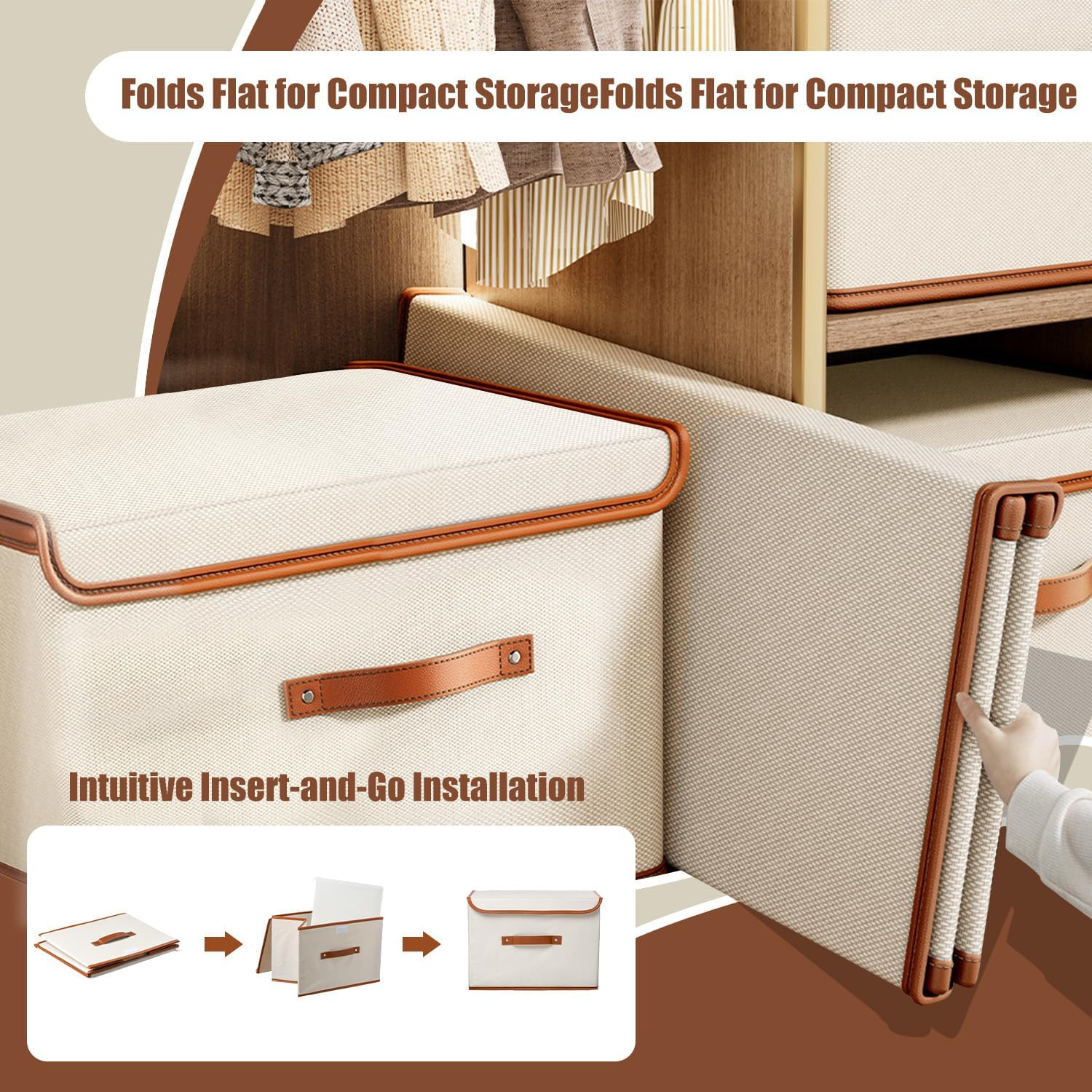 Cyperever 4 Pack Foldable Storage Box with Lid and Handles, L37 &times; W27 &times; H26 Cm, 26L Linen Storage Closet Organiser, Clothes Storage Organizers, Collapsible Fabric Storage Bins for Clothes Sheet image number 5